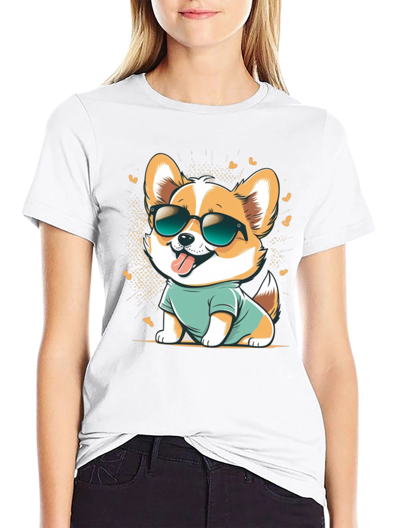 Black Cool Corgi Cartoon Graphic Tee - Black Cotton T-Shirt view 9
