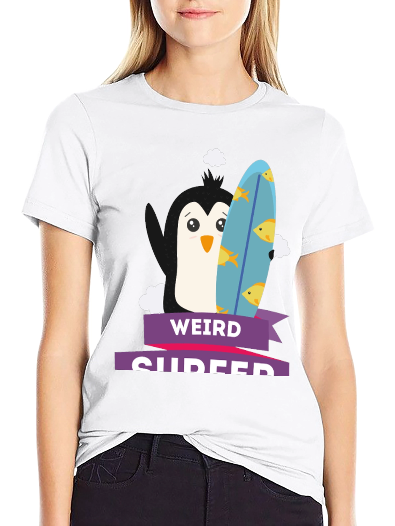 Weird Surfer Penguin Graphic Tee - Stylish Black T-Shirt - 9