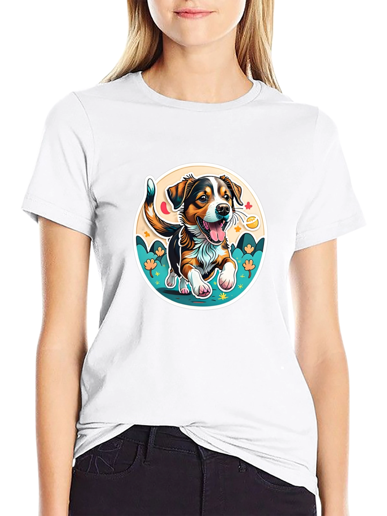 Black Cute Cartoon Dog Graphic Tee view 9