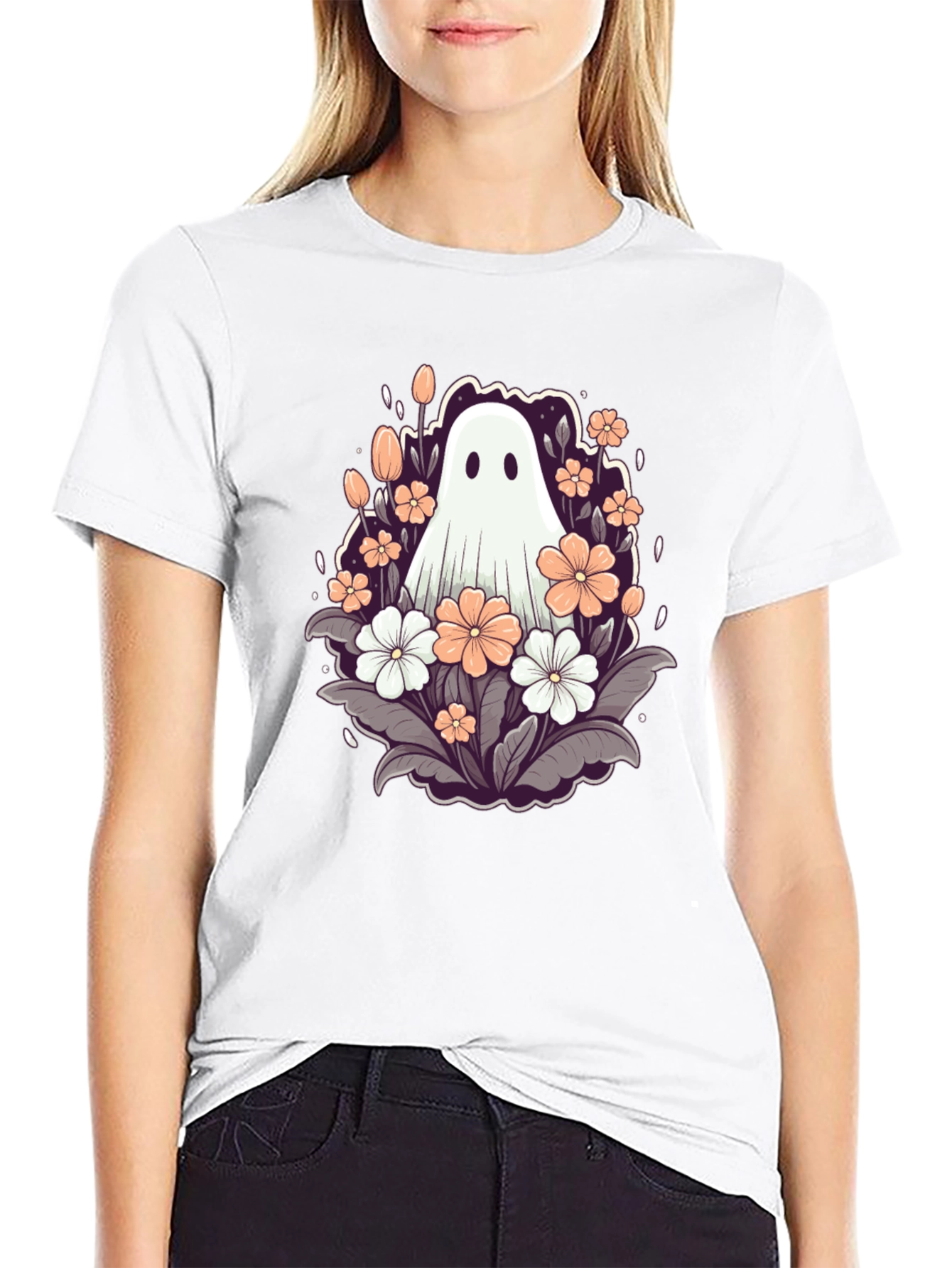 Black Floral Ghost Graphic Tee - Spooky Season Style view 9
