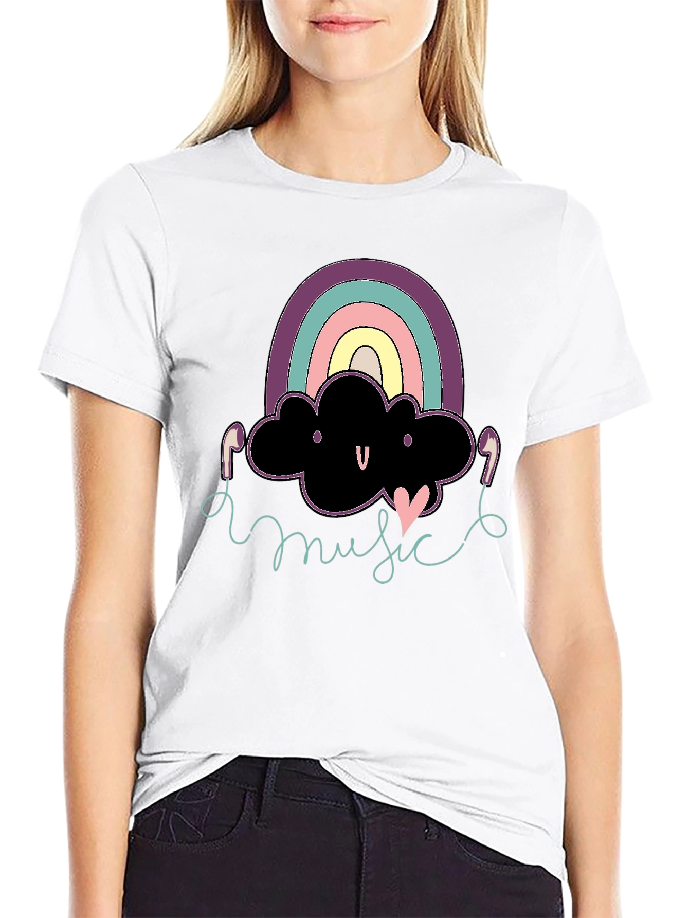 Black Rainbow Cloud Music T-Shirt Cute Design Black Cotton view 9