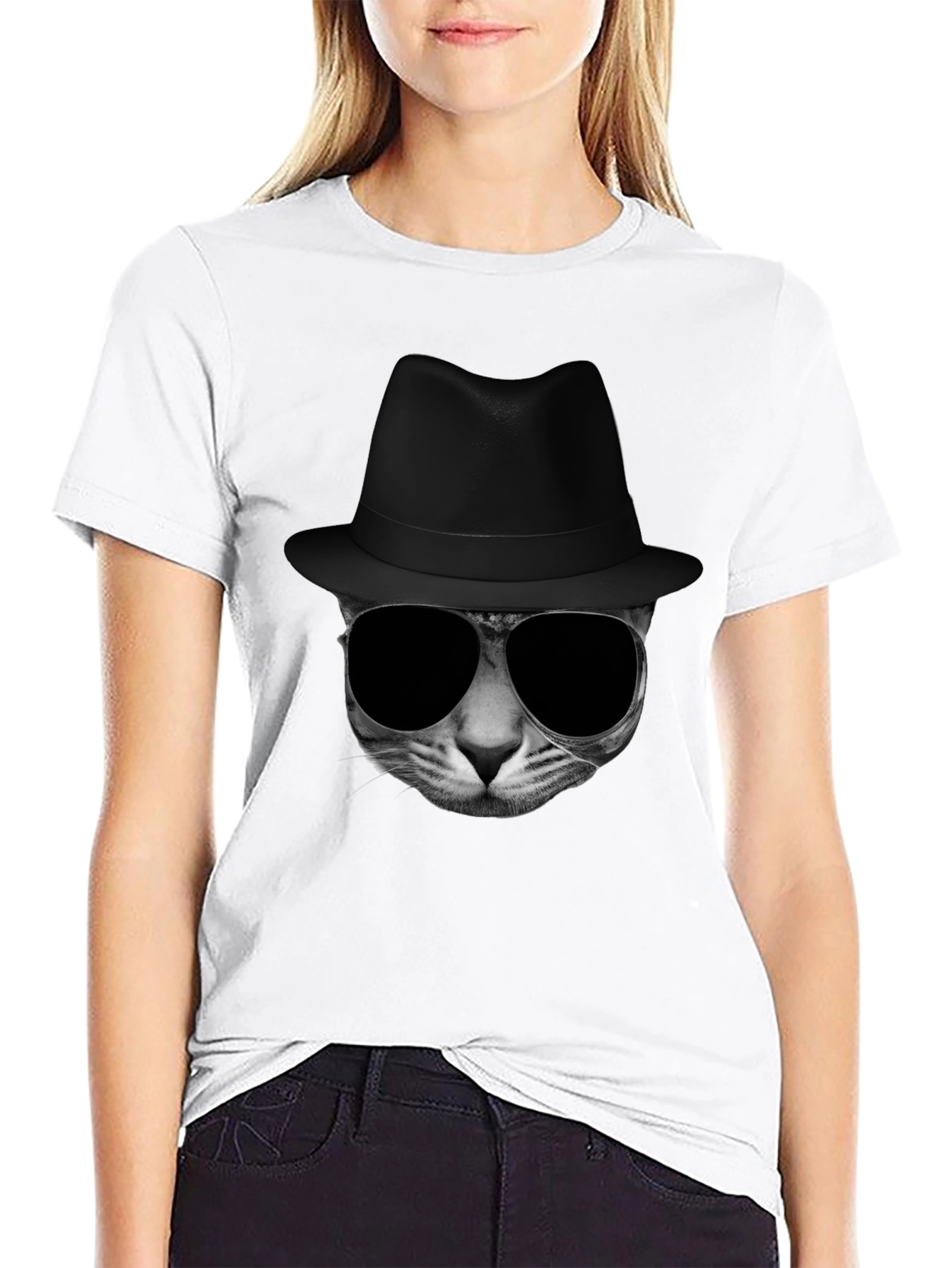 Black Cool Cat in Hat Graphic Tee view 9