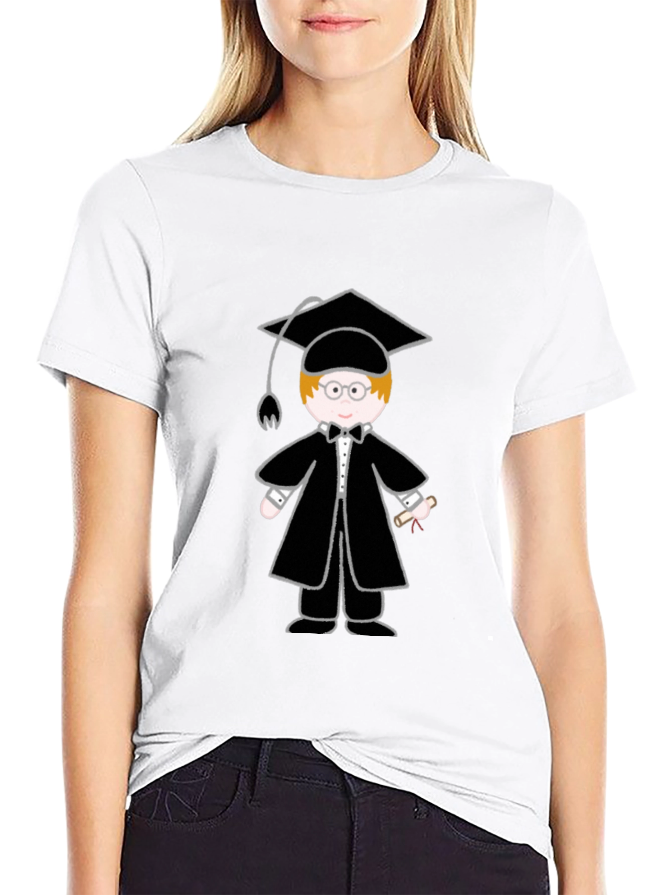Graduation Cartoon Graphic T-Shirt - Black - 9