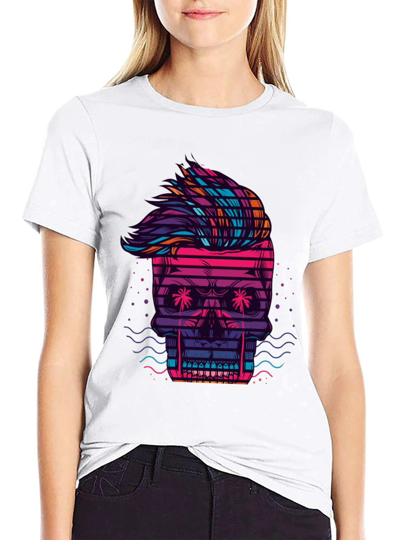 Black Neon Skull Graphic Tee - Retro Wave Style view 9