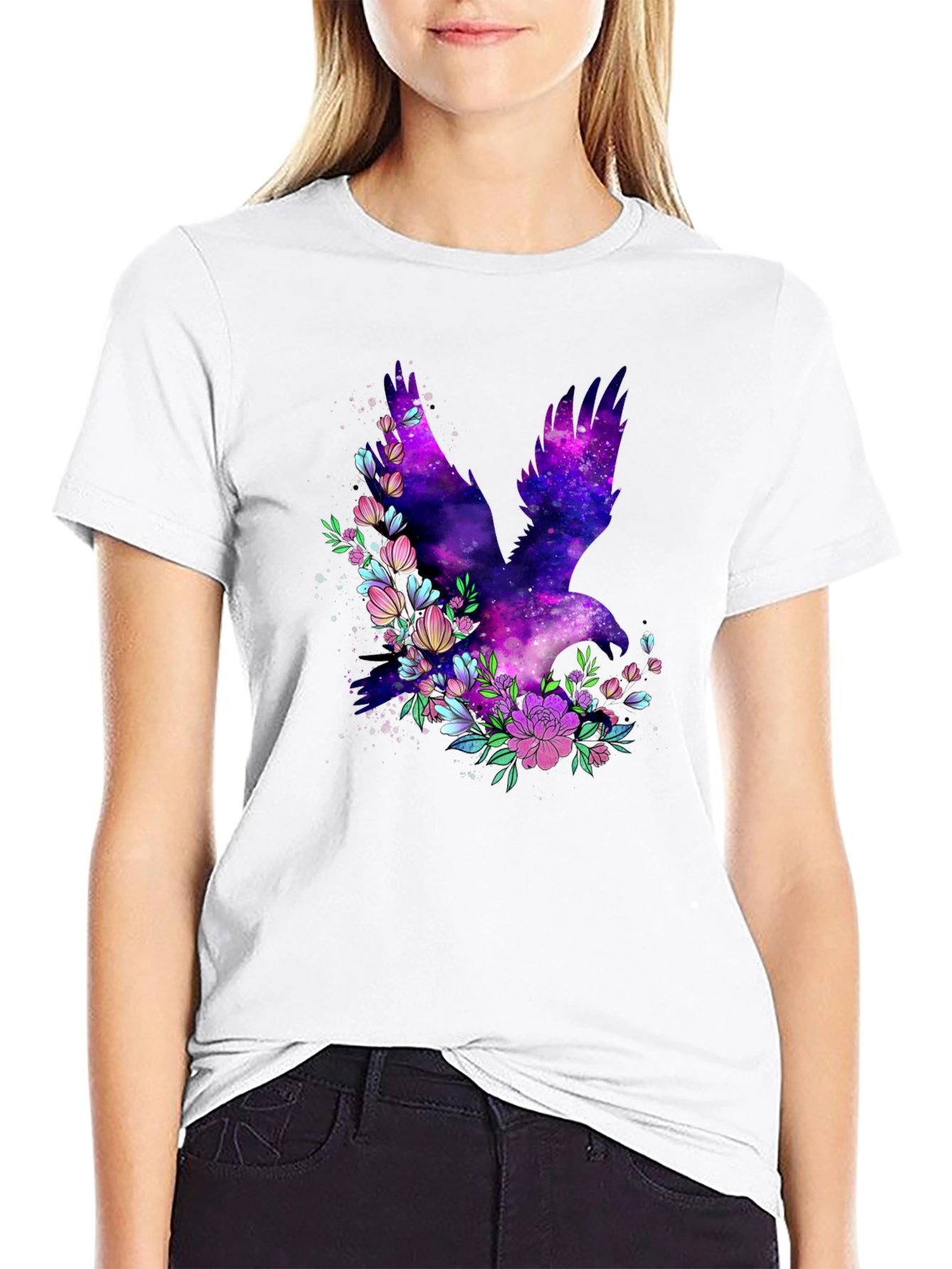 Black Galaxy Bird Floral Graphic T-Shirt view 9