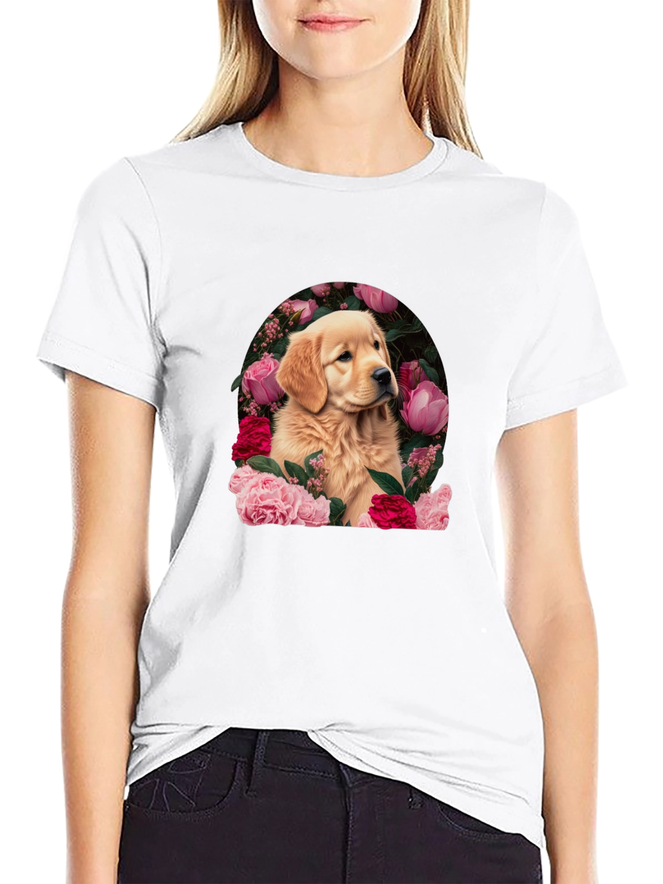 Black Golden Retriever & Floral Black T-Shirt view 9