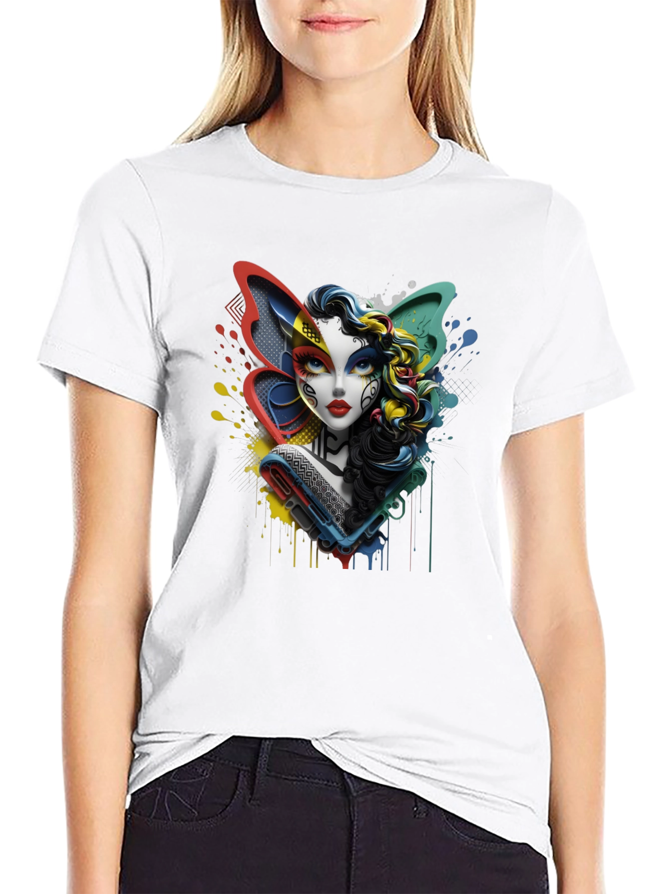 Black Colorful Abstract Woman Graphic Print Black T-Shirt view 9