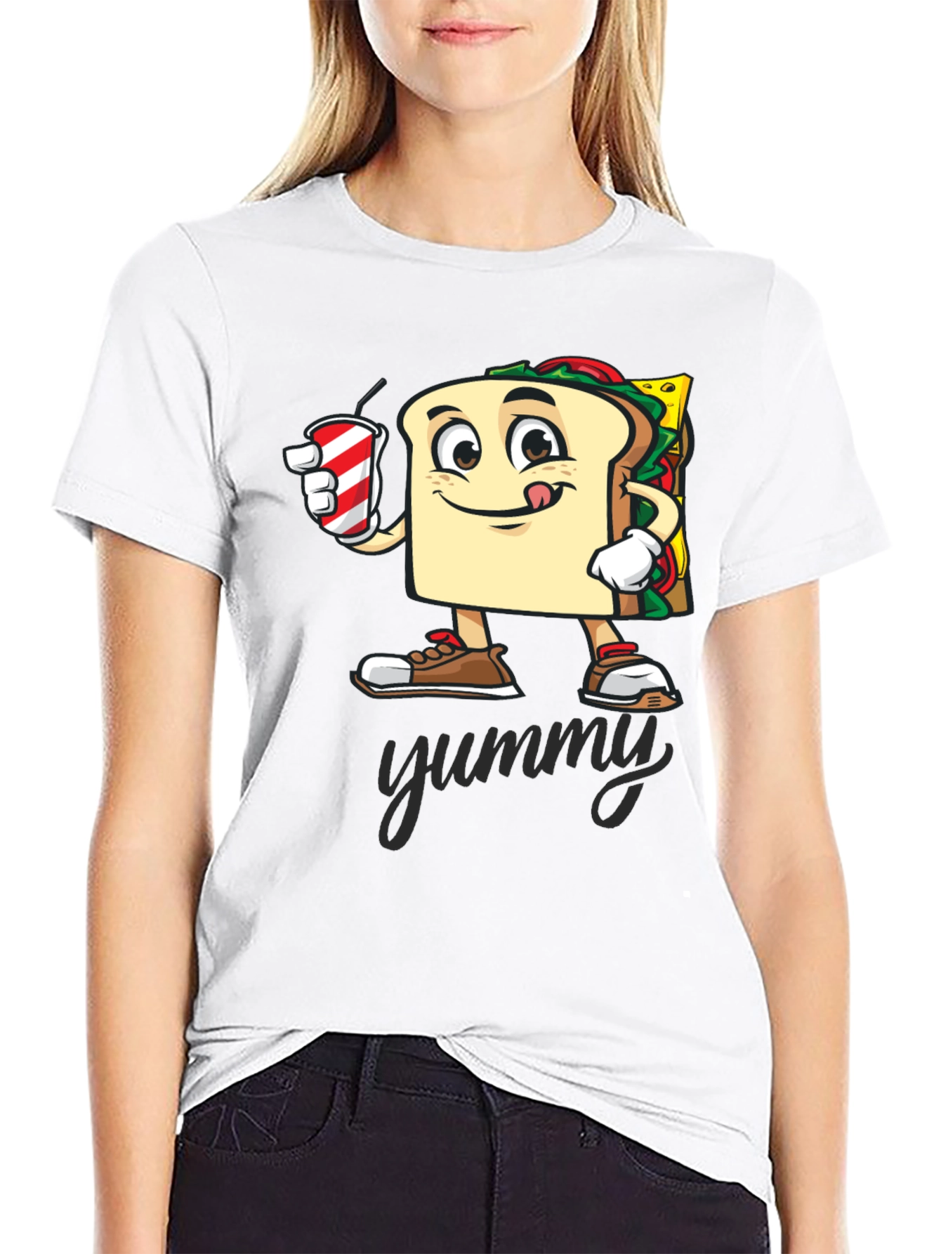 Black Sandwich Cartoon T-Shirt - "Yummy" Design view 9