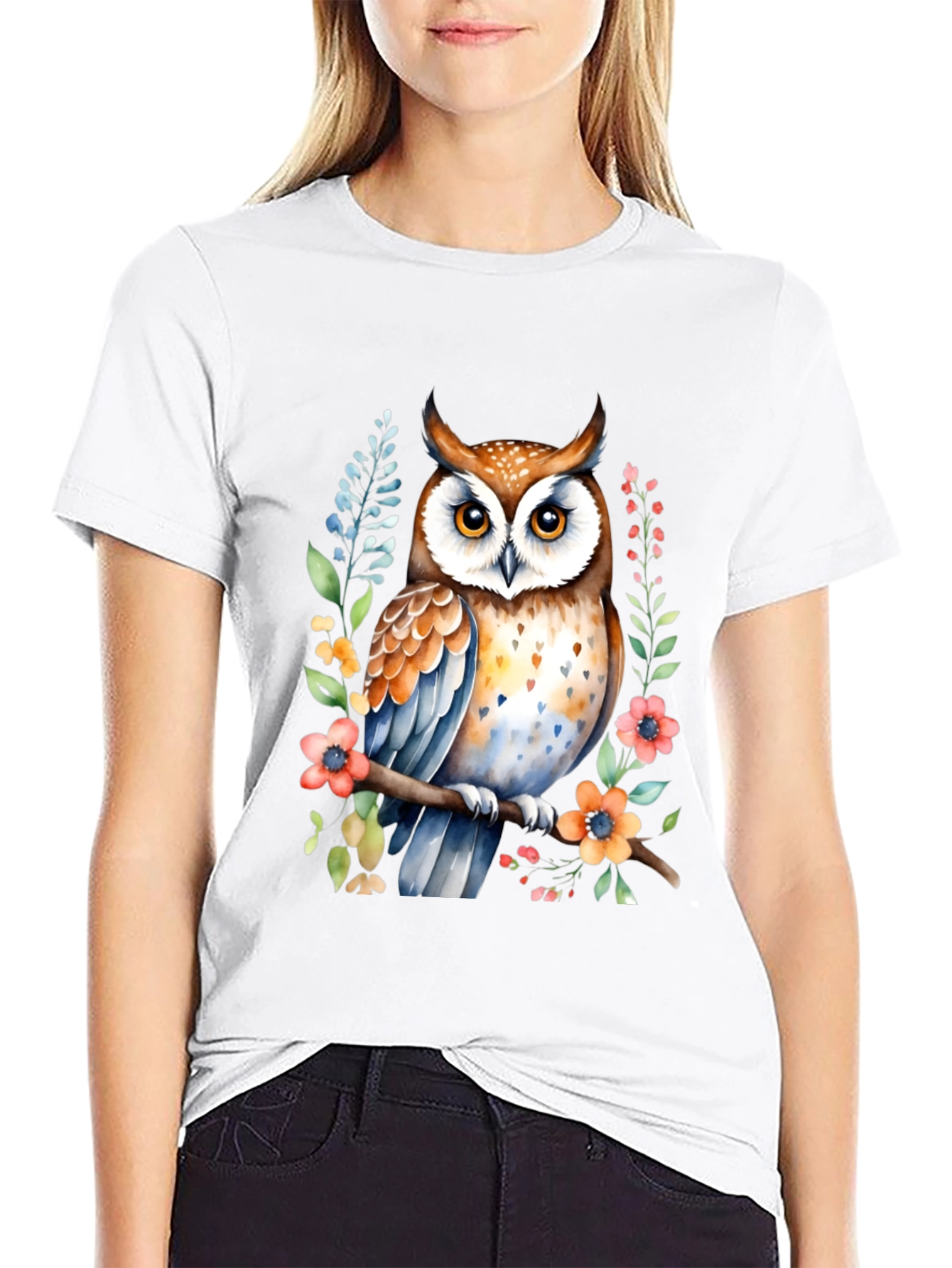 Black Owl Watercolor Graphic Tee - Unique Floral Design view 9