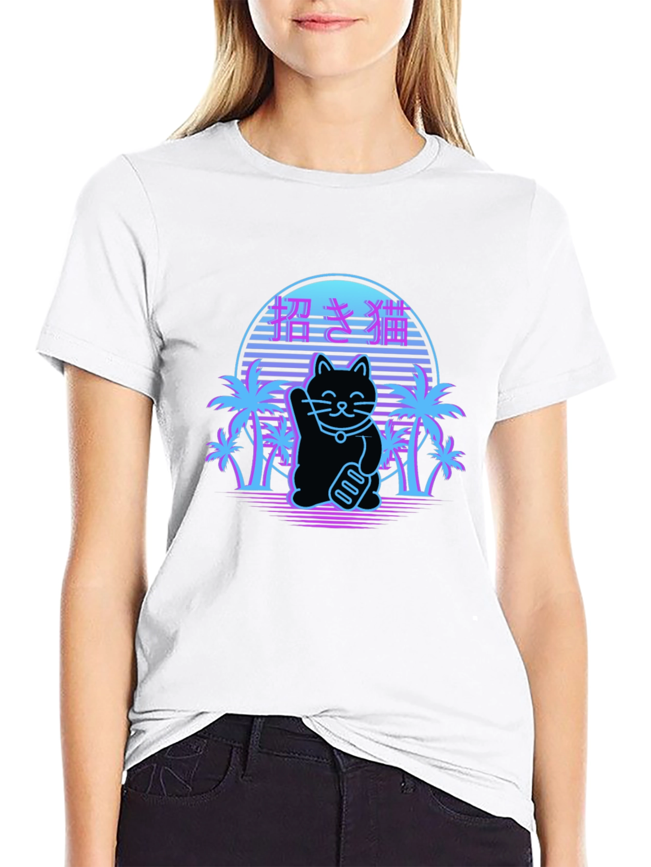 Black Lucky Cat Retro T-Shirt view 9