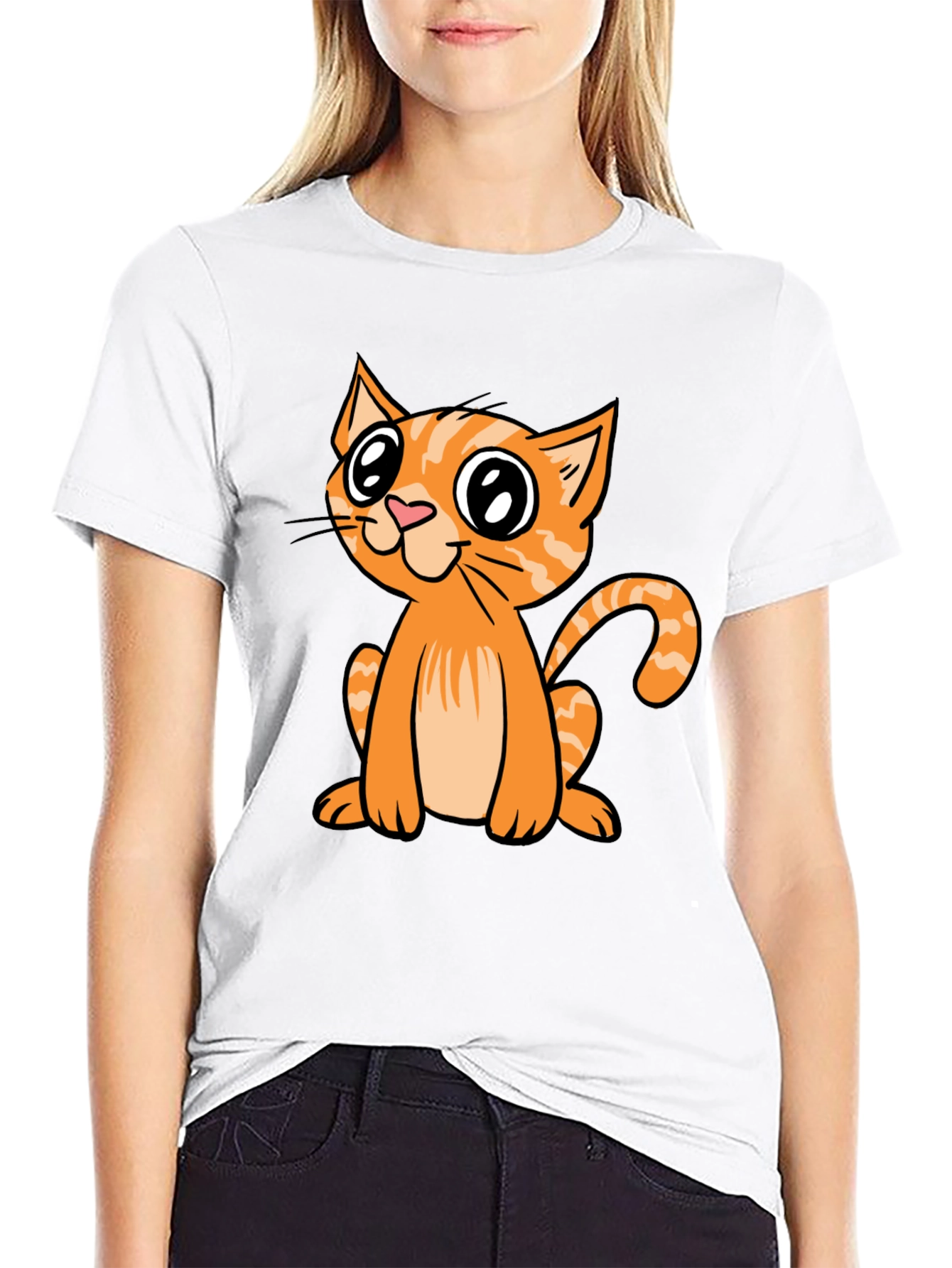 Black Cute Cartoon Cat Black T-Shirt view 9