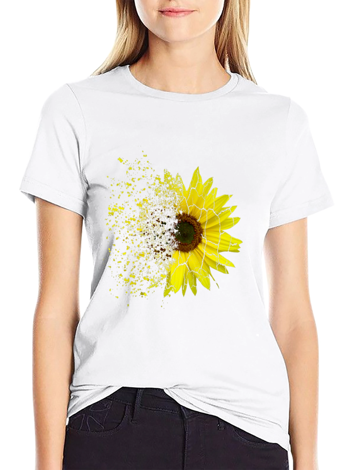 Black Sunflower Shatter Print Black T-Shirt view 9