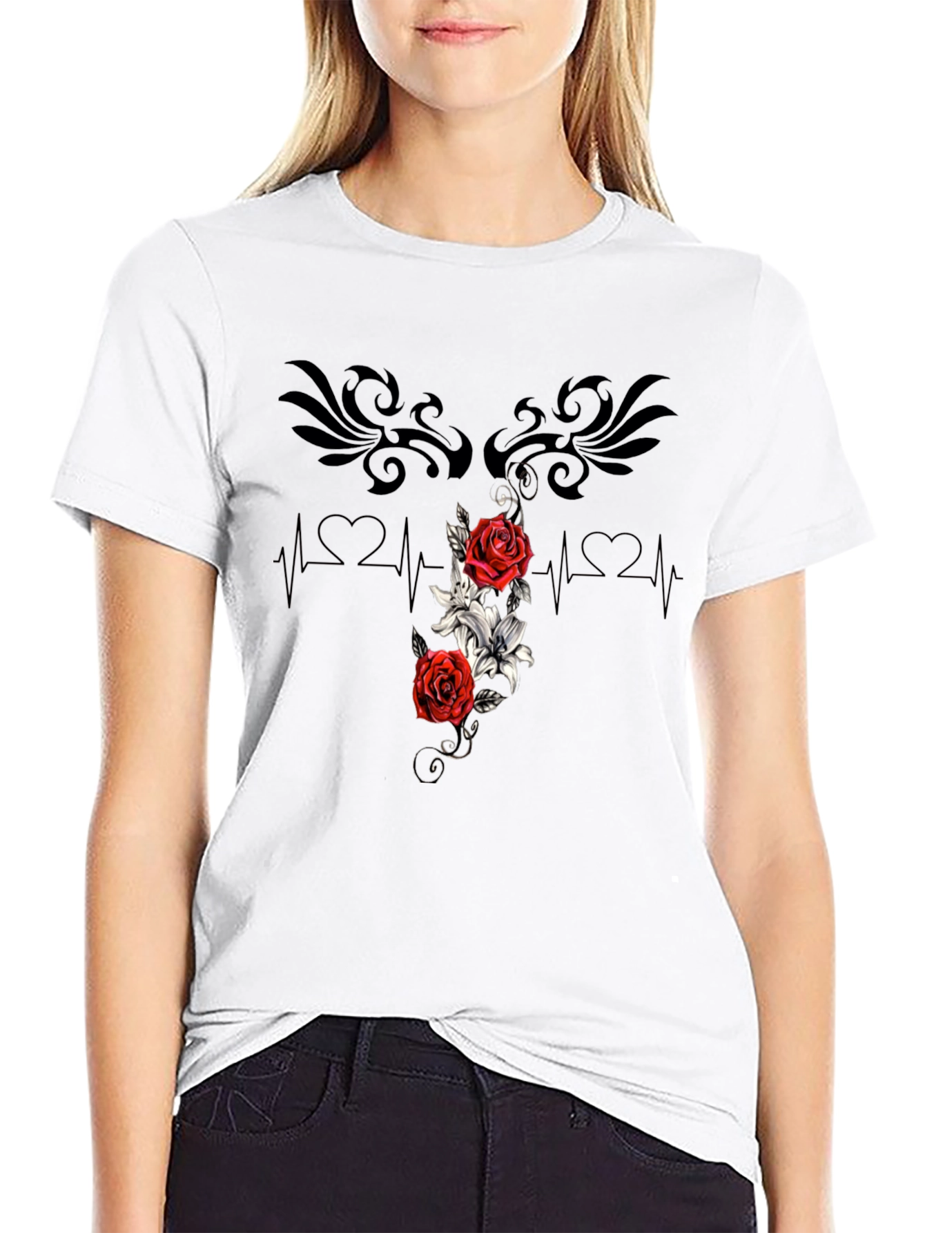 Black Floral Heartbeat T-Shirt - Stylish Graphic Tee view 9