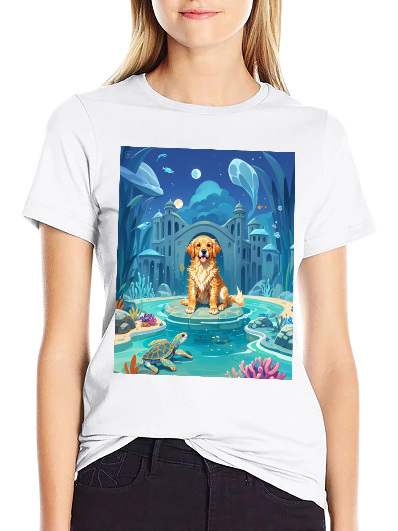 Black Underwater Dog Cartoon Graphic Tee view 9