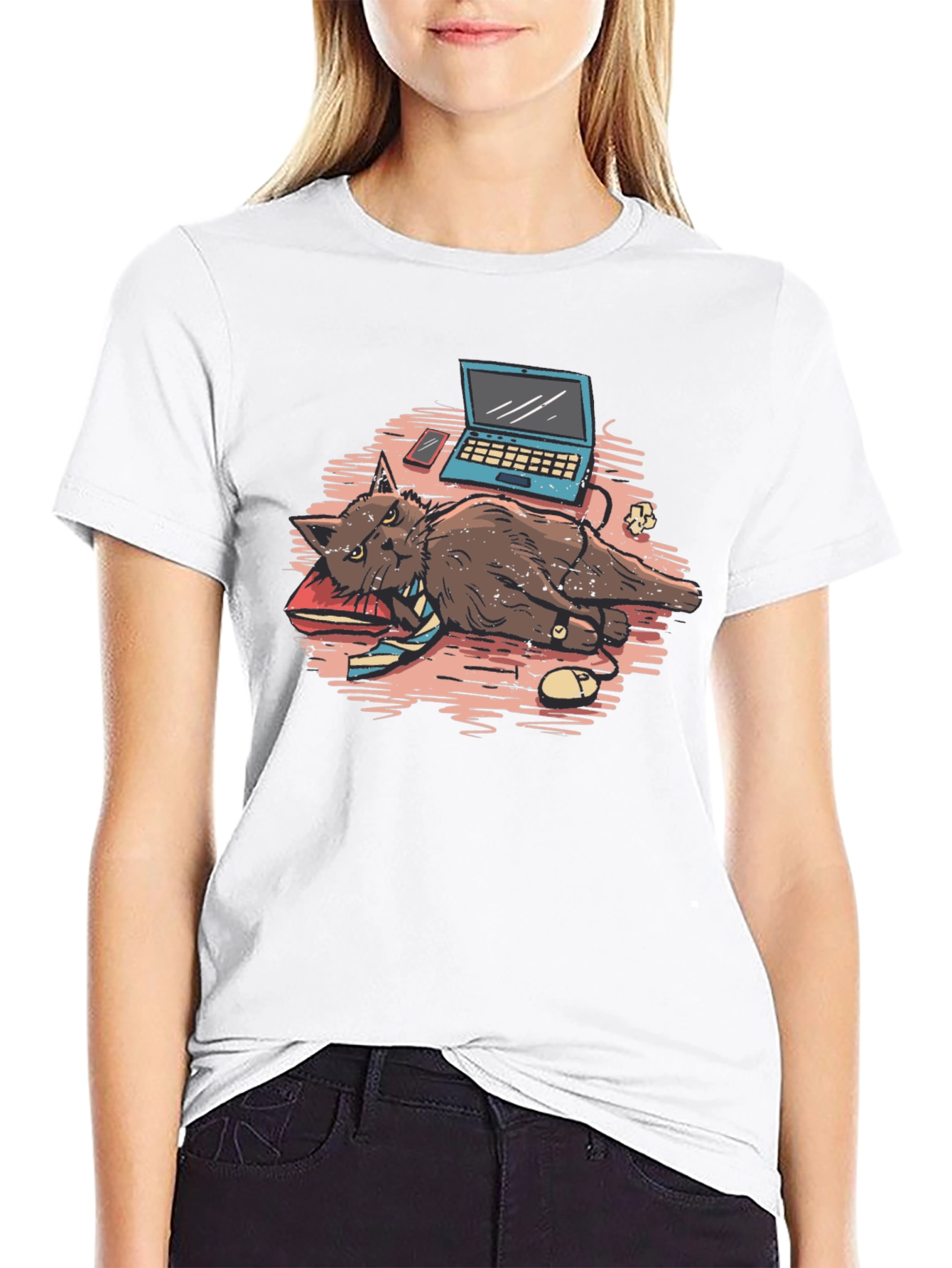 Black Work From Home Cat Graphic Tee view 9