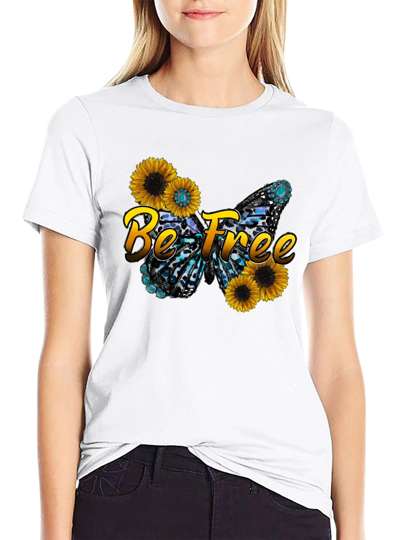 Black Be Free Sunflower Butterfly Graphic Black T-Shirt view 9