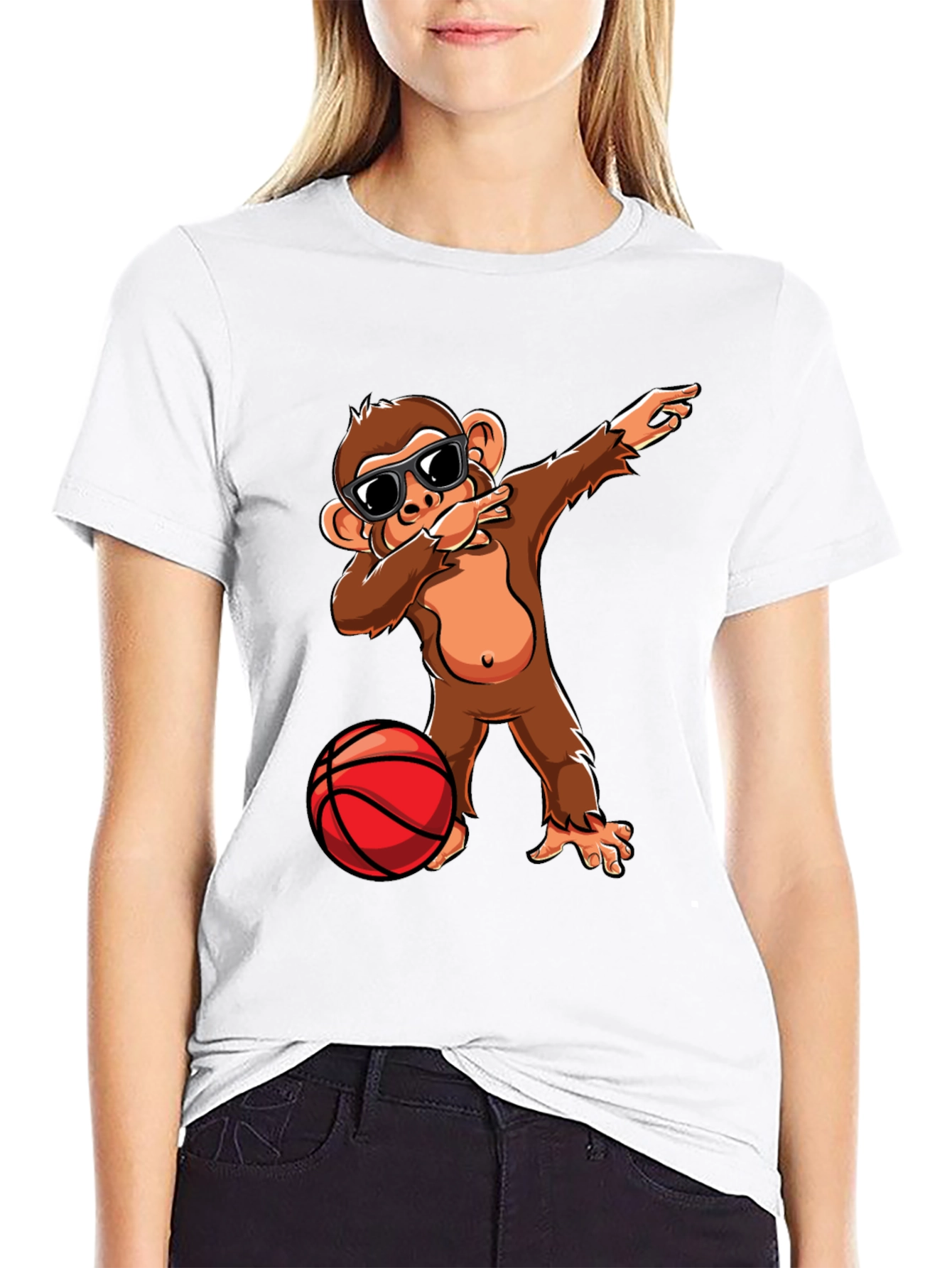 Black Monkey Dabbing with Basketball Graphic Tee view 9