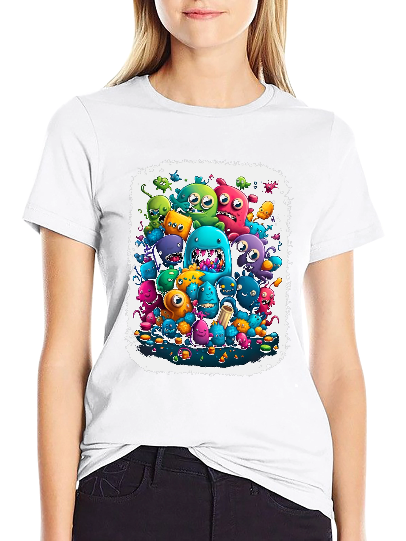 Black Monster Mash Tee: Colorful Cartoon Graphic Print view 9