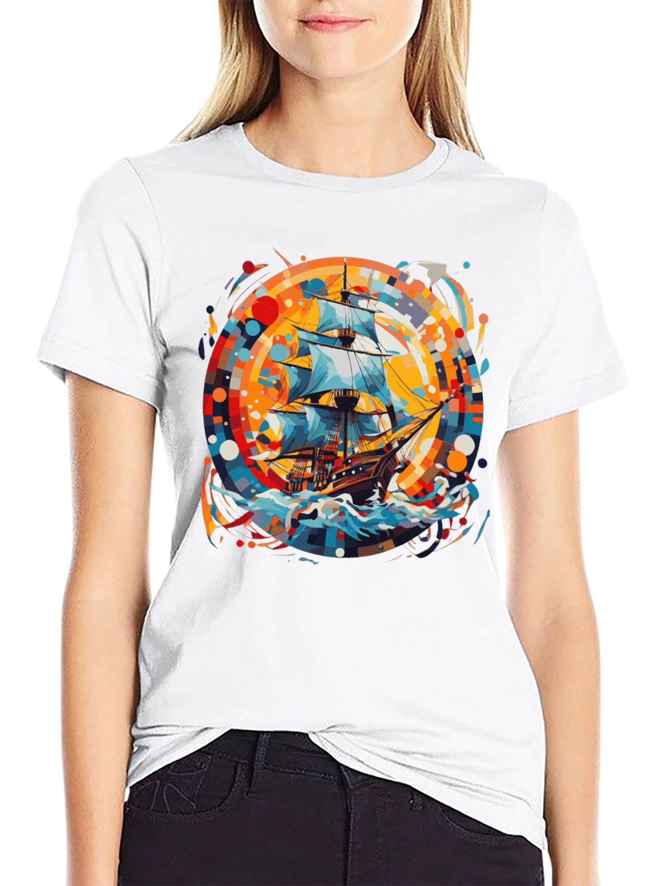 Black Nautical Adventure Tee: Ship Graphic Black Cotton Shirt view 9