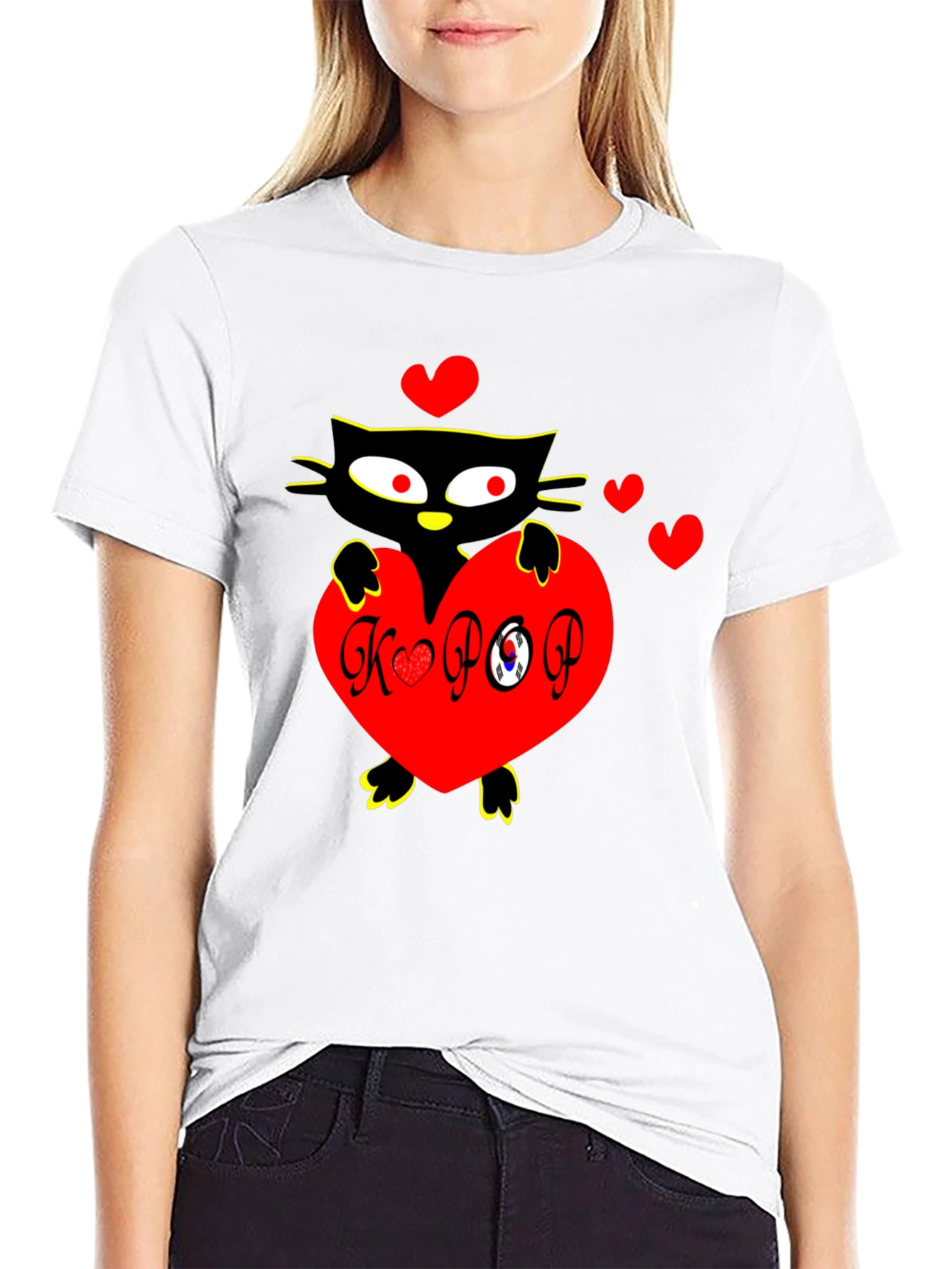 Black K-POP Cat Heart Graphic Tee view 9