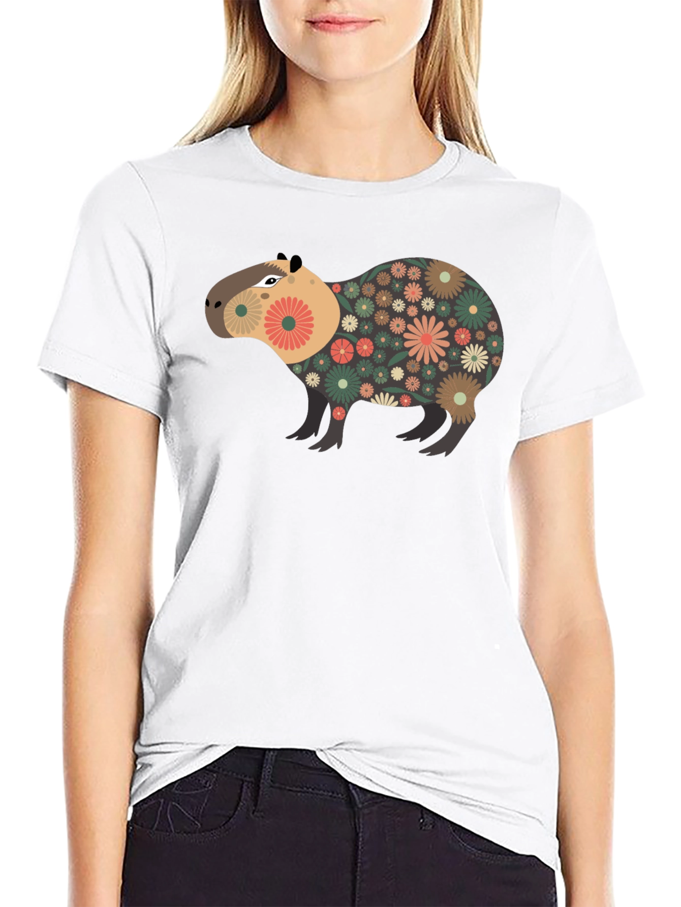 Black Floral Capybara Graphic Tee - Unique Design view 9