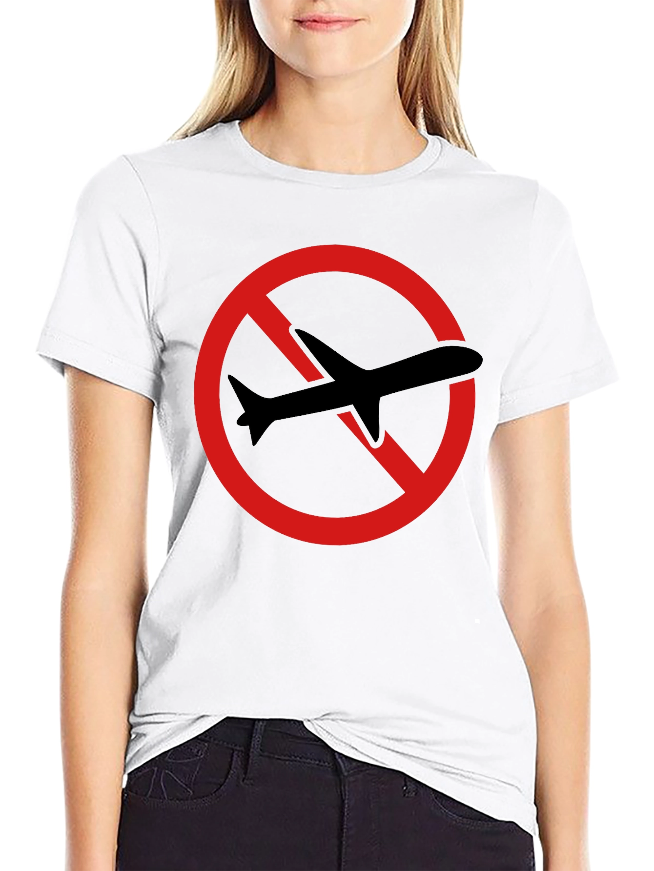 Black No Flying T-Shirt - Black Cotton Tee with Airplane Graphic view 9