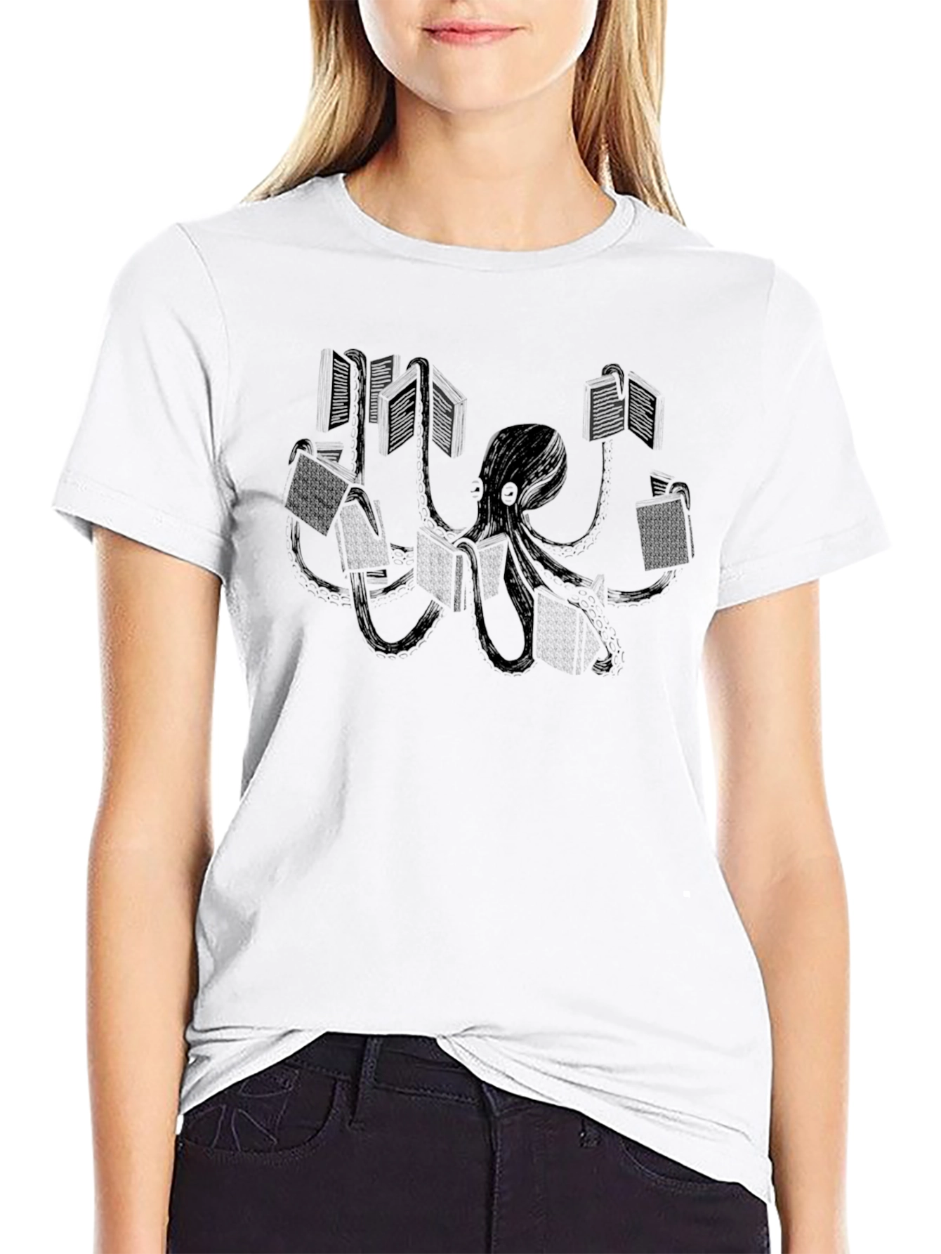 Black Octopus Reader Graphic Tee - Black Cotton T-Shirt view 9