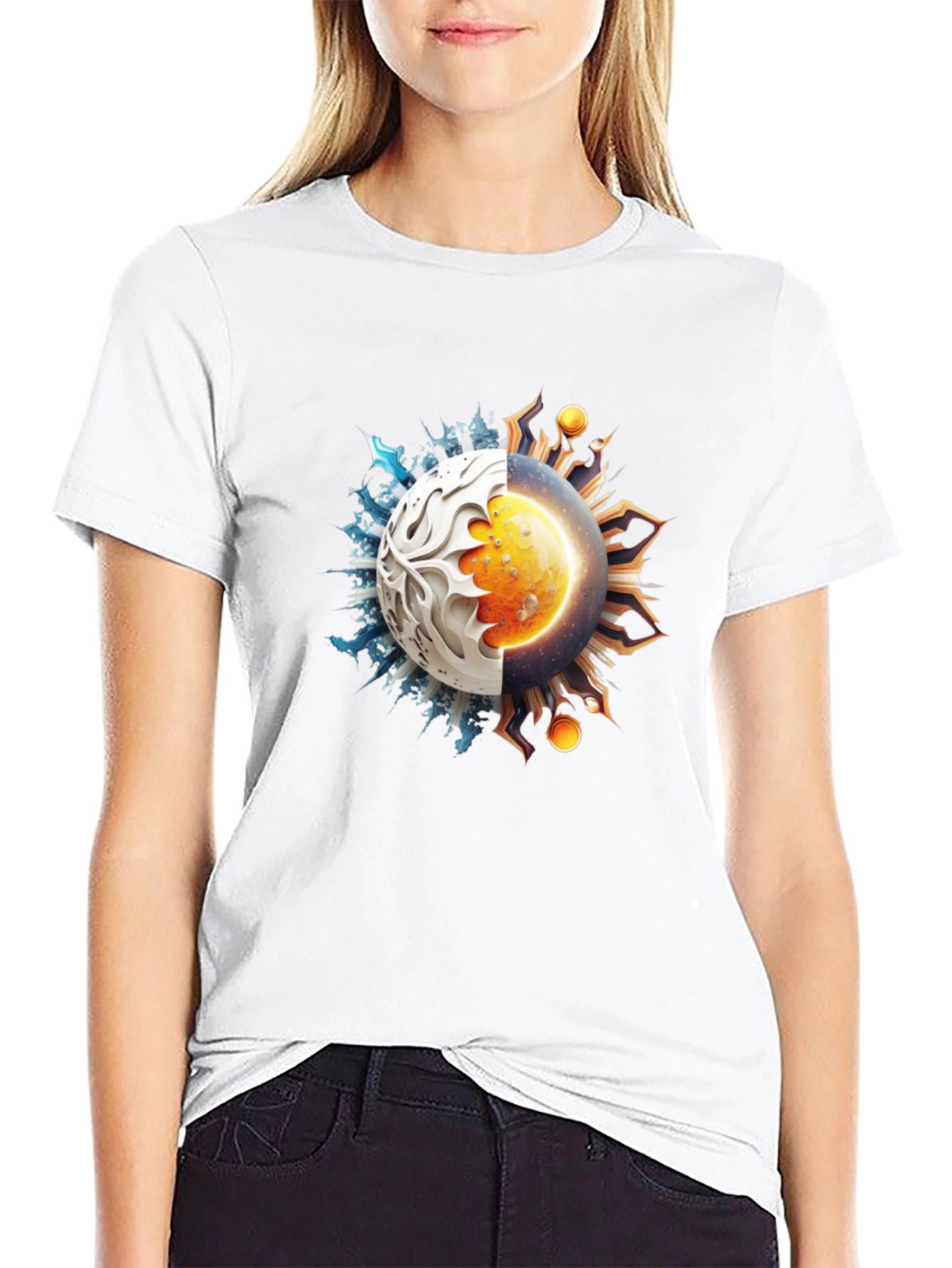 Black Yin Yang Sun and Ice Planet Graphic Tee view 9