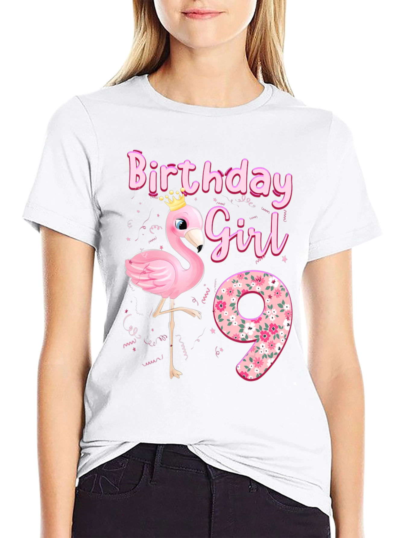 Black Birthday Girl 9th Flamingo T-Shirt view 9