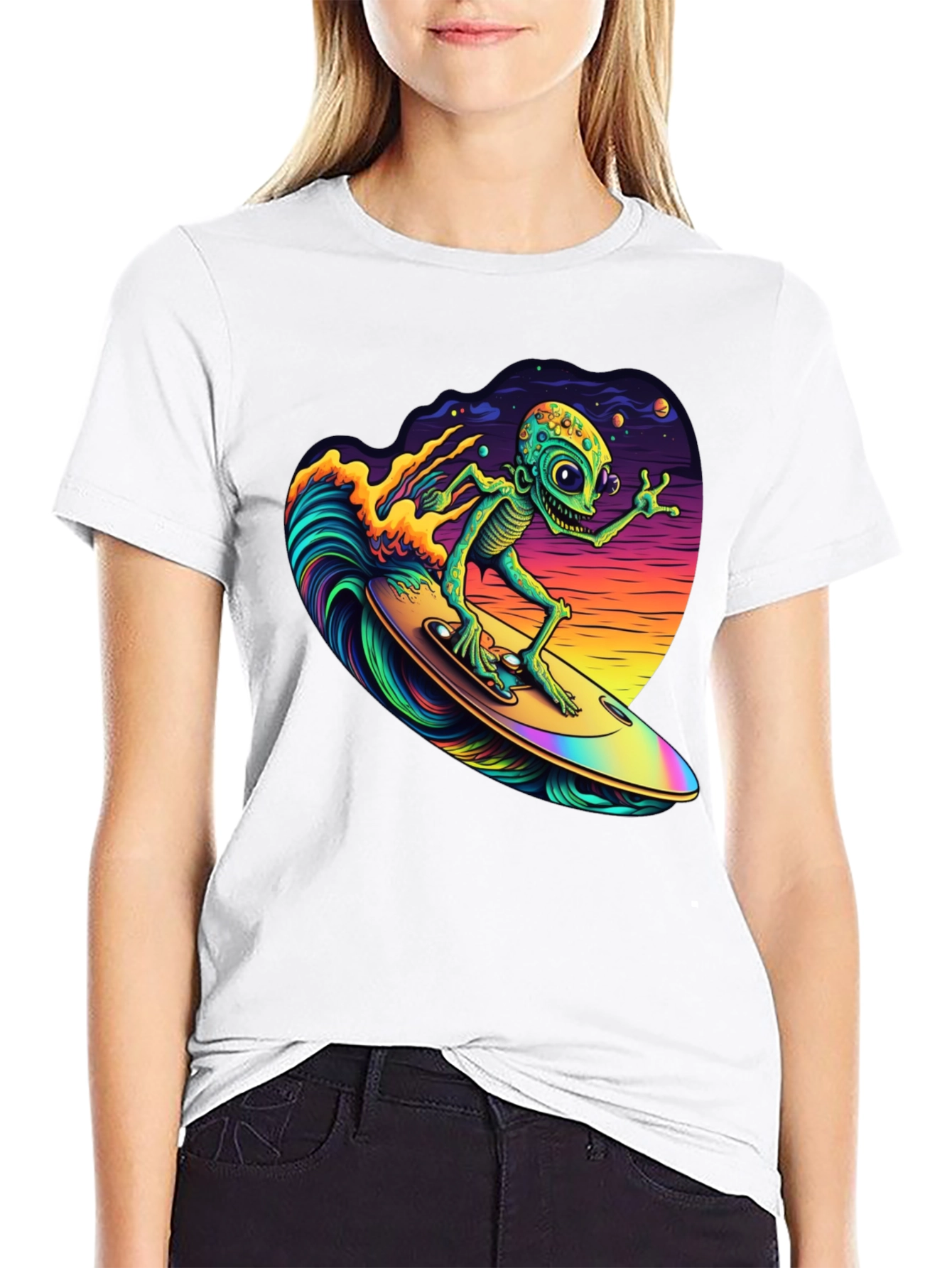 Black Surfing Alien T-Shirt - Black Cotton Tee view 9