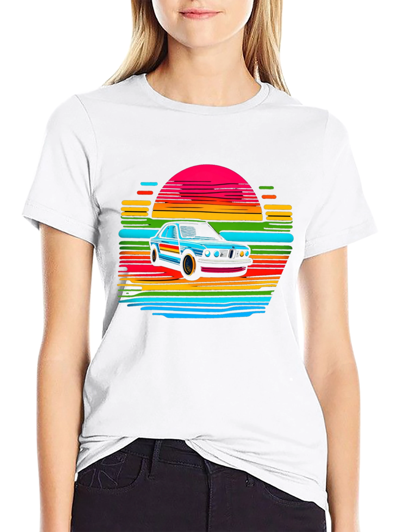 Black Retro Car Sunset T-Shirt - Black view 9
