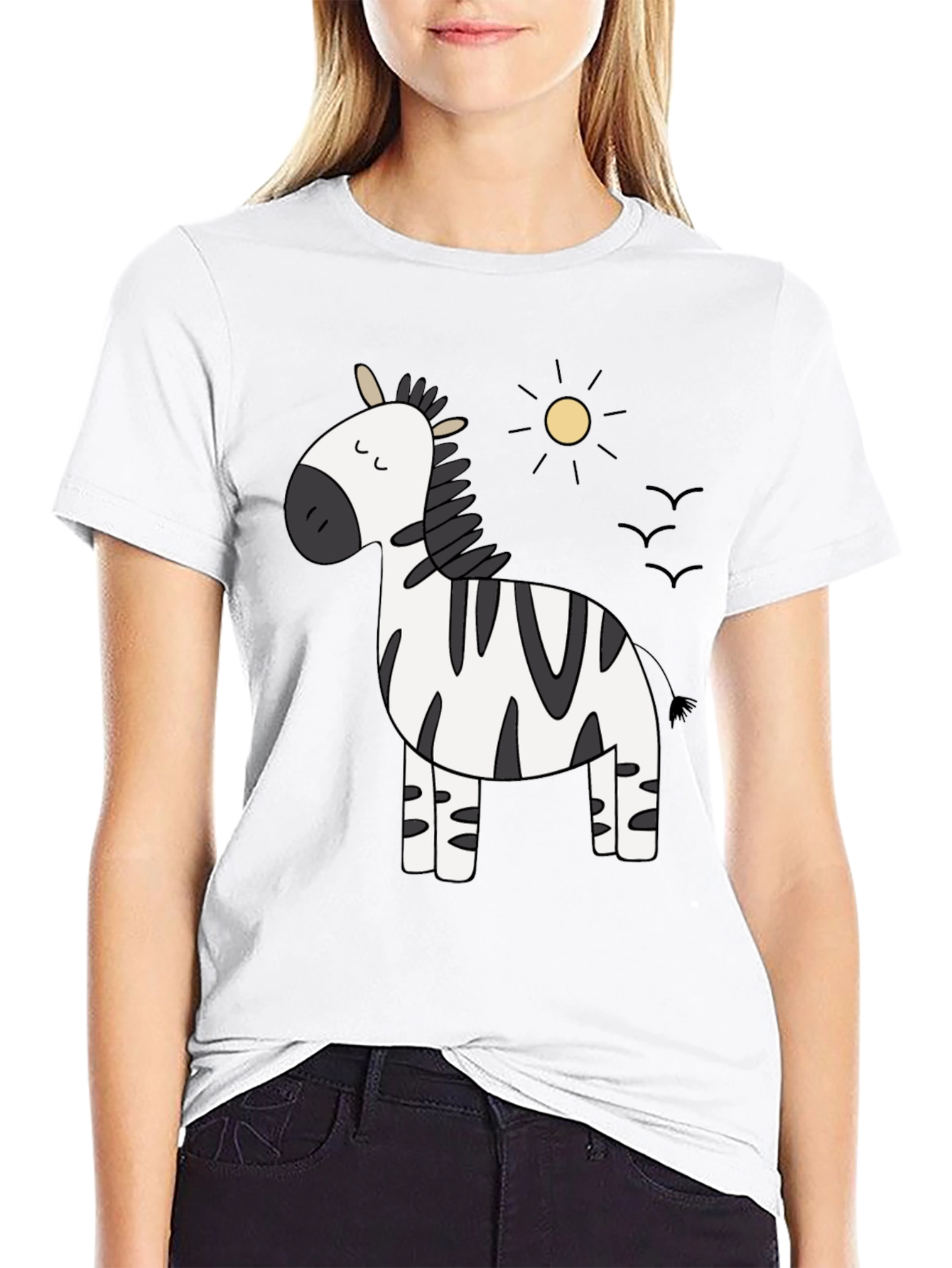 Black Cute Zebra Cartoon Graphic Black T-Shirt view 9