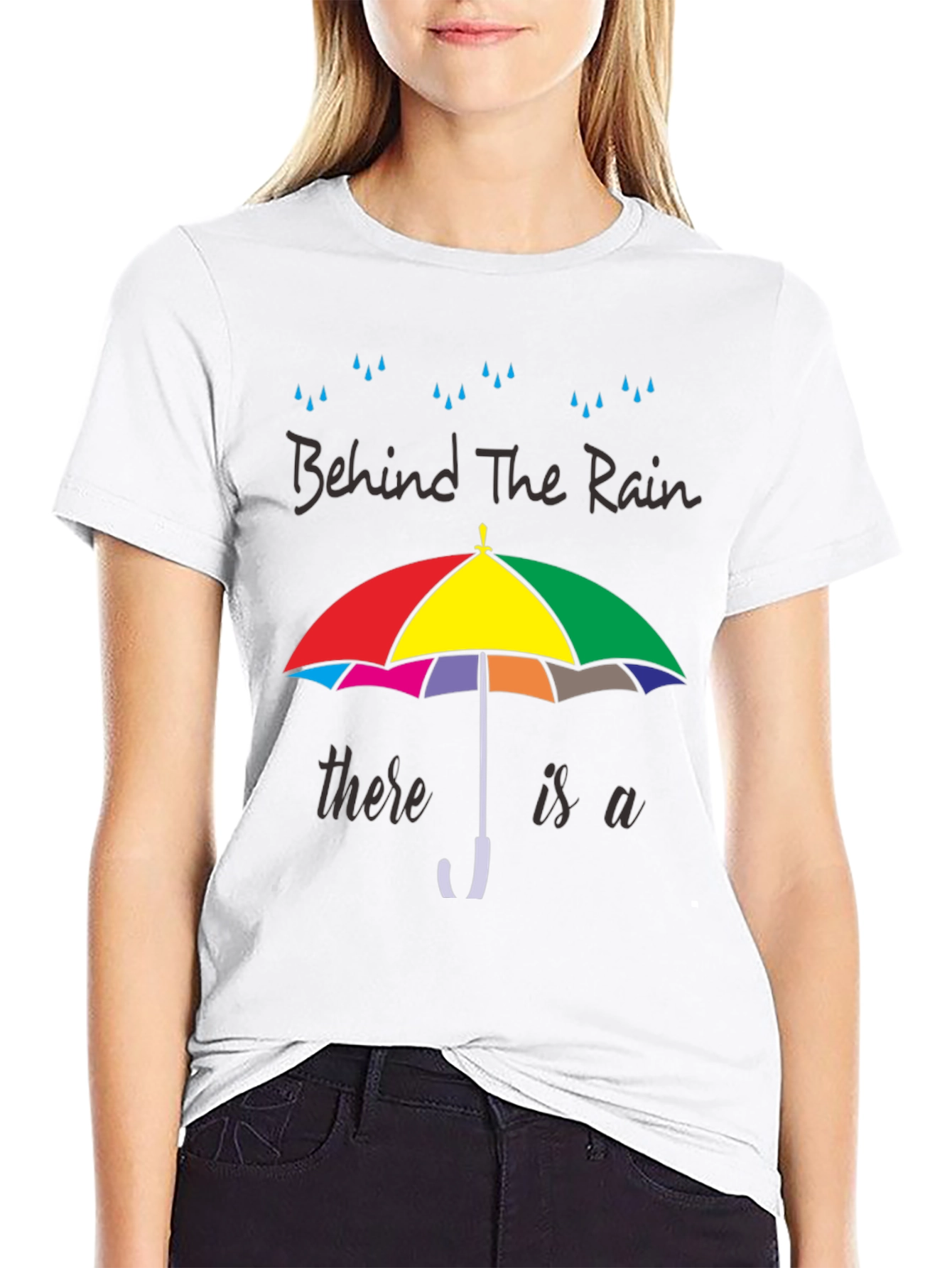 Black Behind The Rain T-Shirt - Colorful Umbrella Graphic Tee view 9