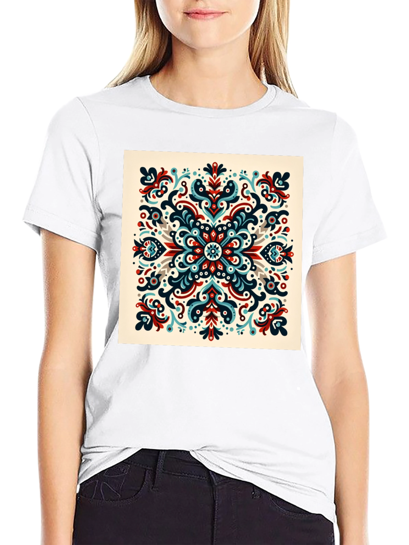 Black Ornamental Mandala Graphic Print Black T-Shirt view 9