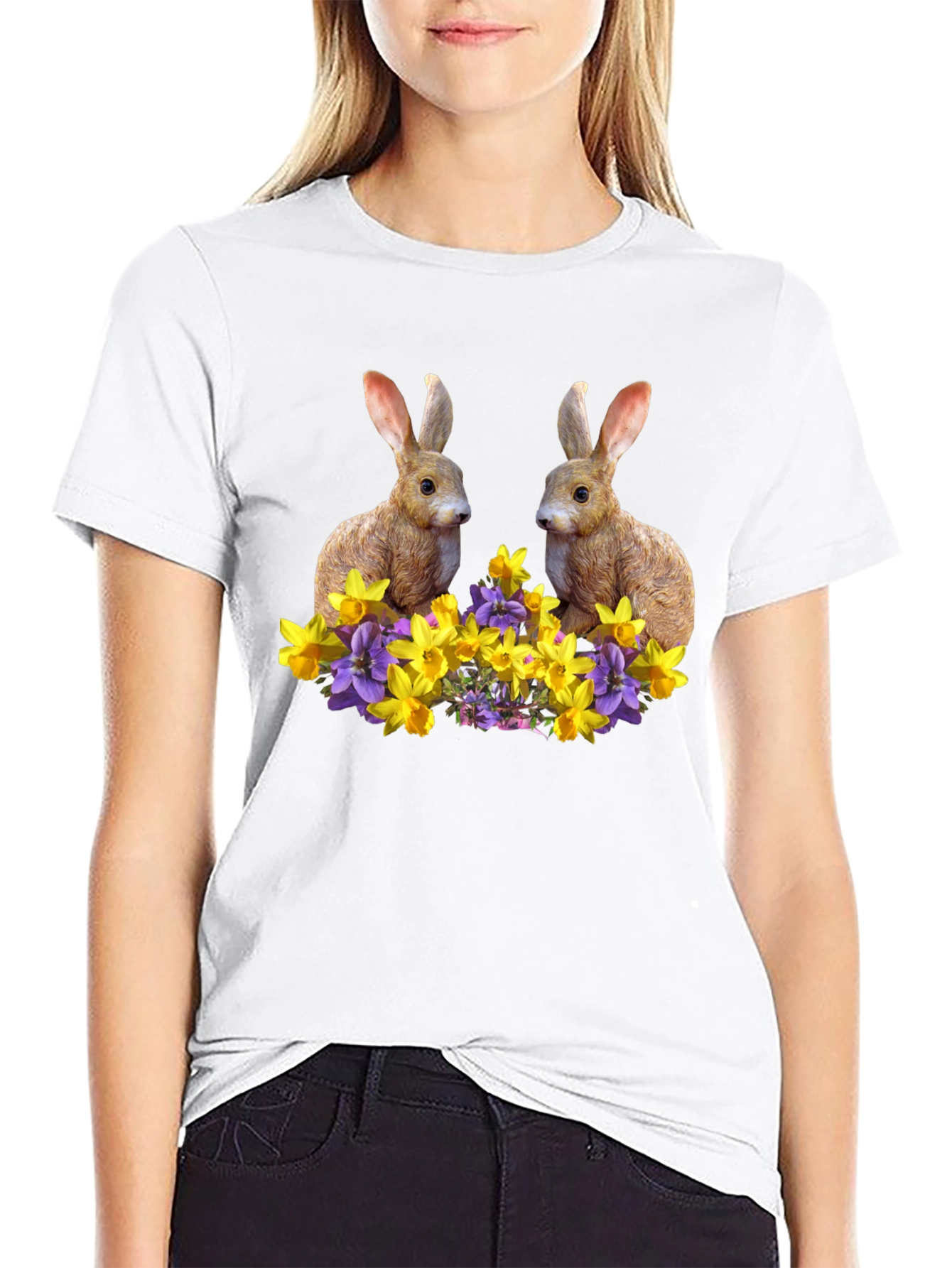 Black Bunny & Floral Print Black T-Shirt view 9