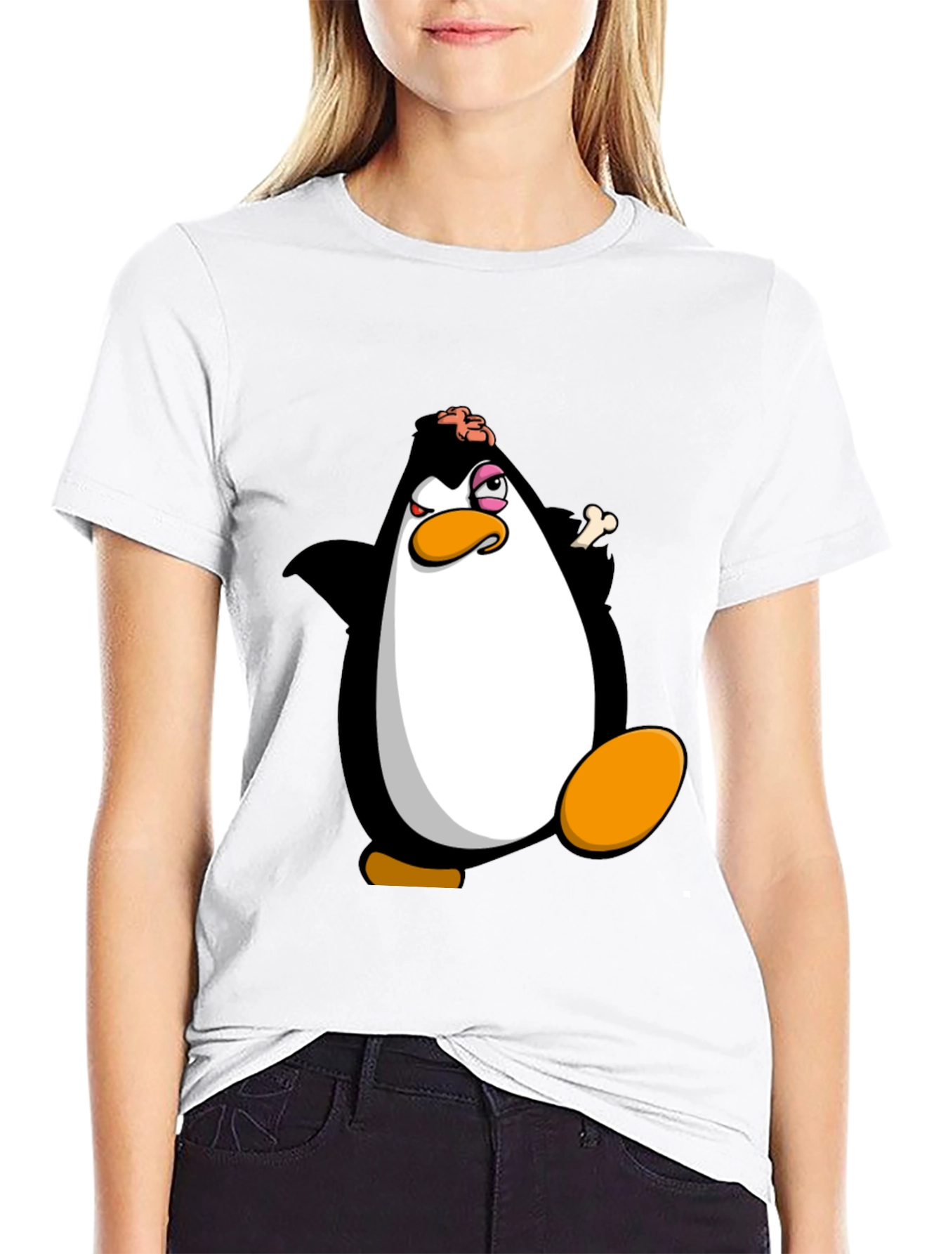 Black Funny Penguin Cartoon Graphic Print Black T-Shirt view 9