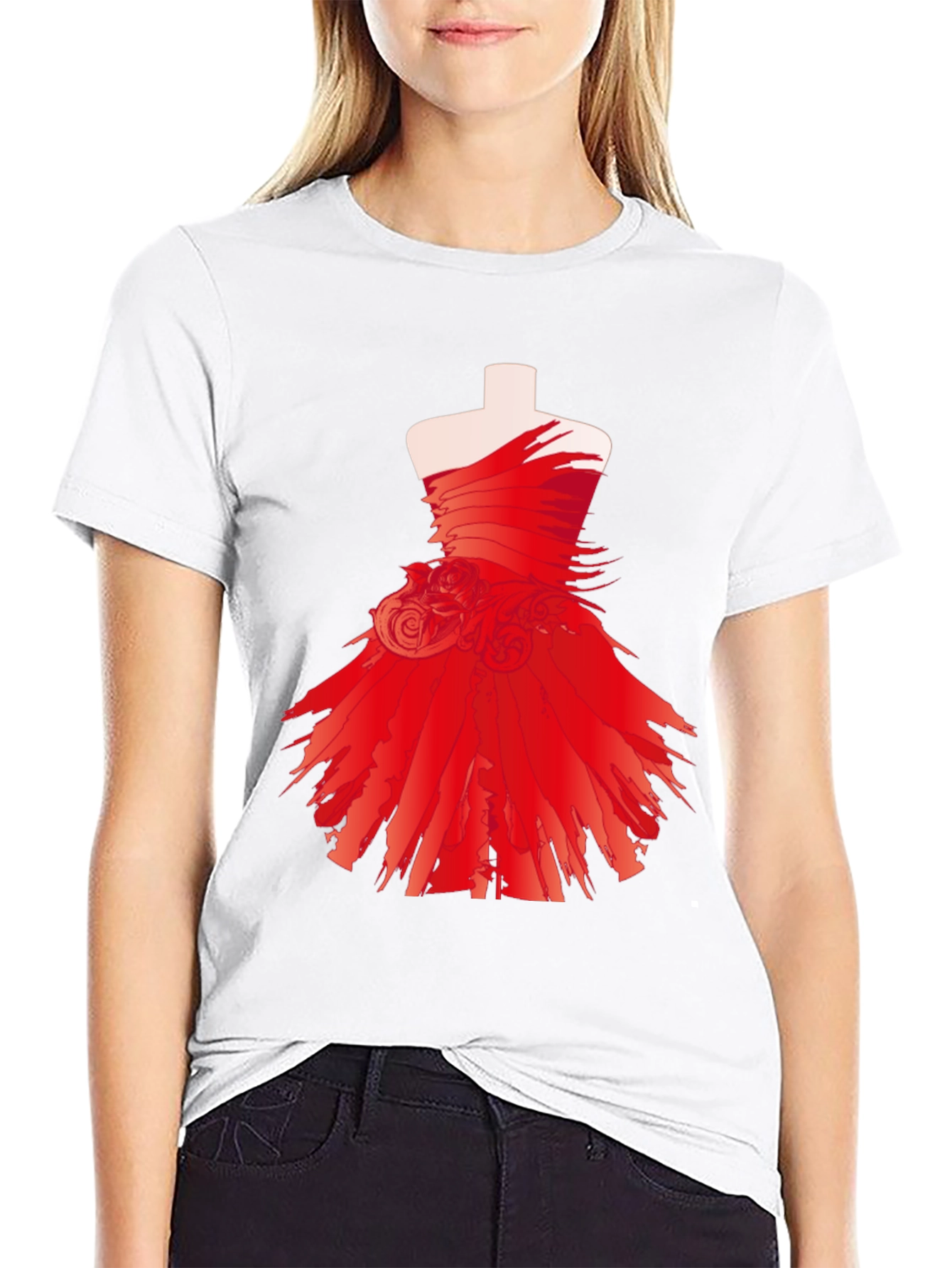Black Statement Black Tee with Red Dress Design view 9