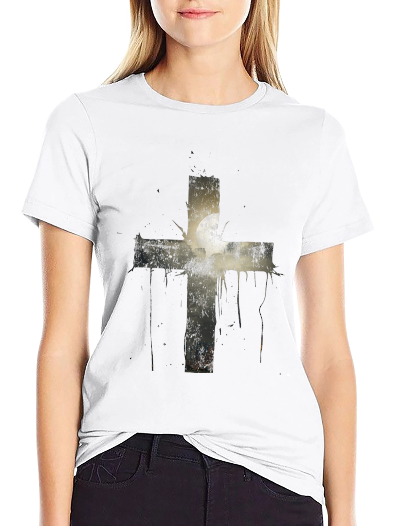 Black Grunge Cross Graphic Print Tee - Black view 9