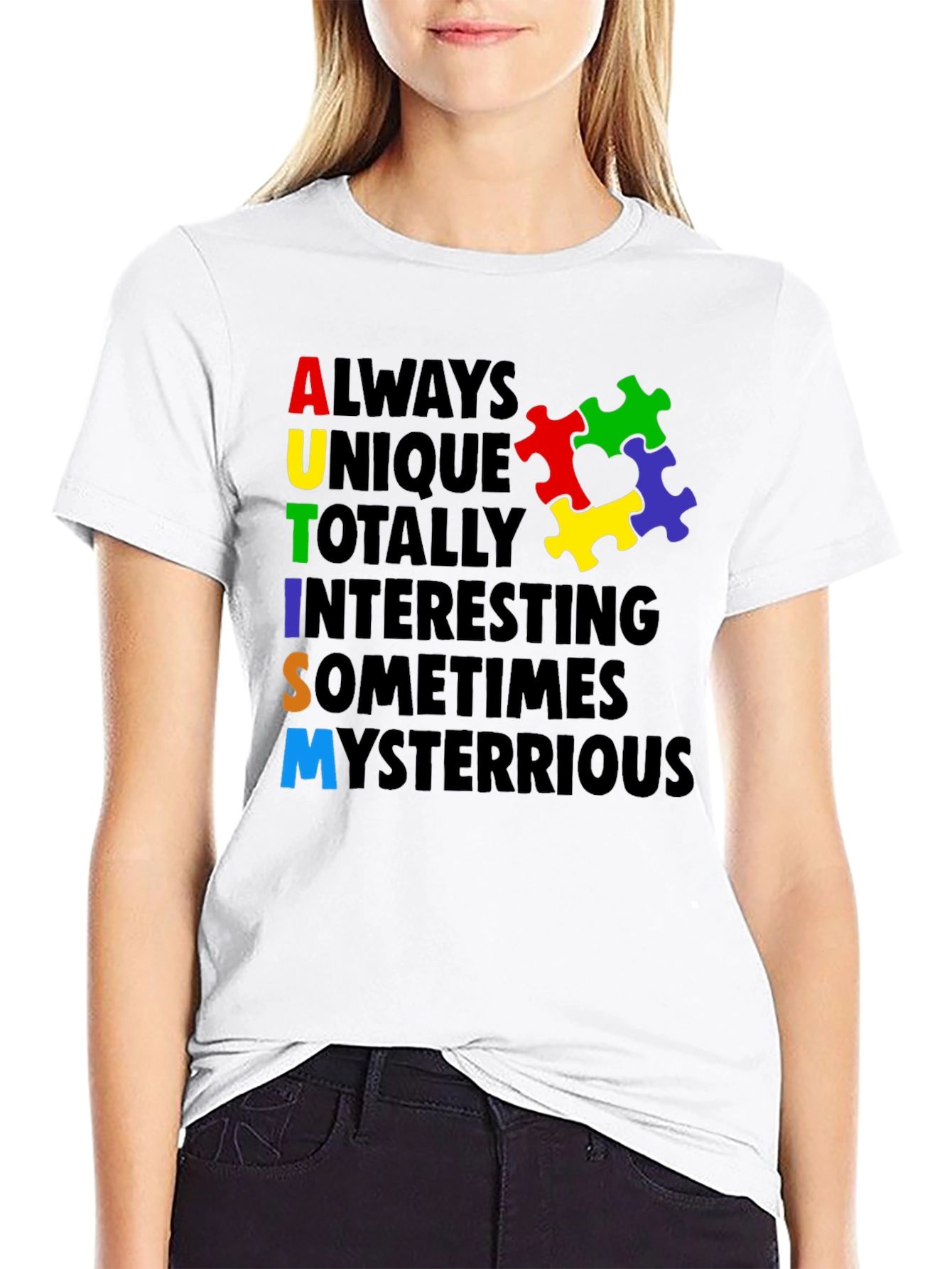 Black Autism Awareness T-Shirt - Colorful Puzzle Design view 9