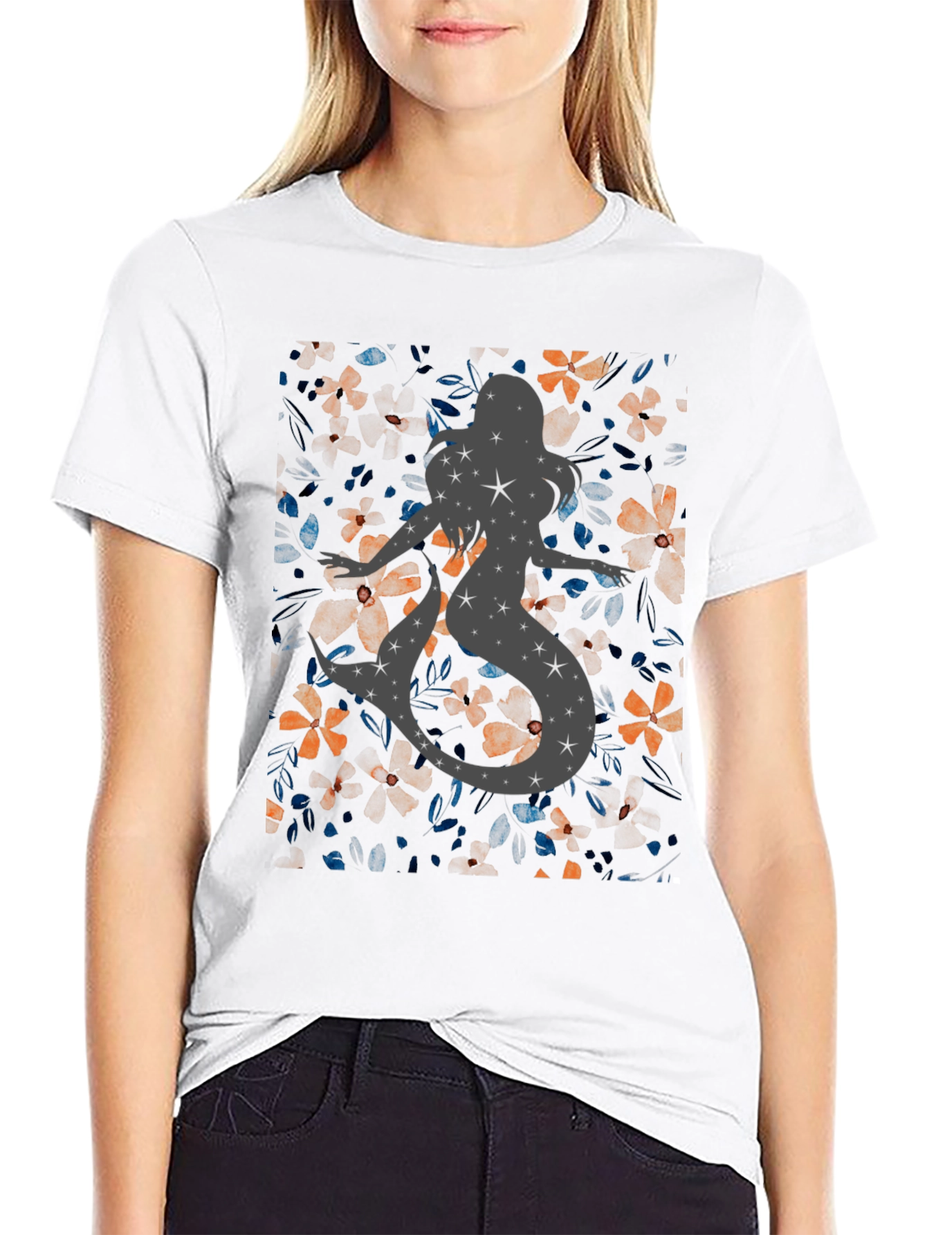 Floral Mermaid Starry Silhouette T-Shirt - 9