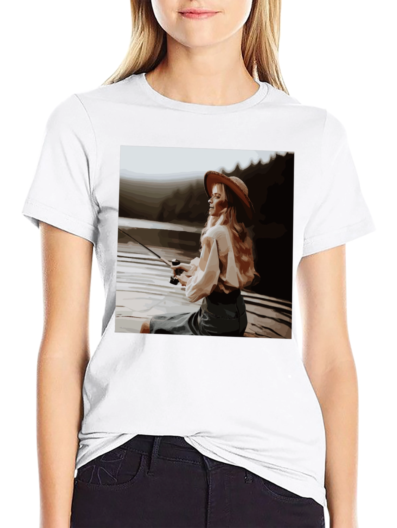 Black Woman Fishing Graphic Tee - Black Cotton T-Shirt view 9