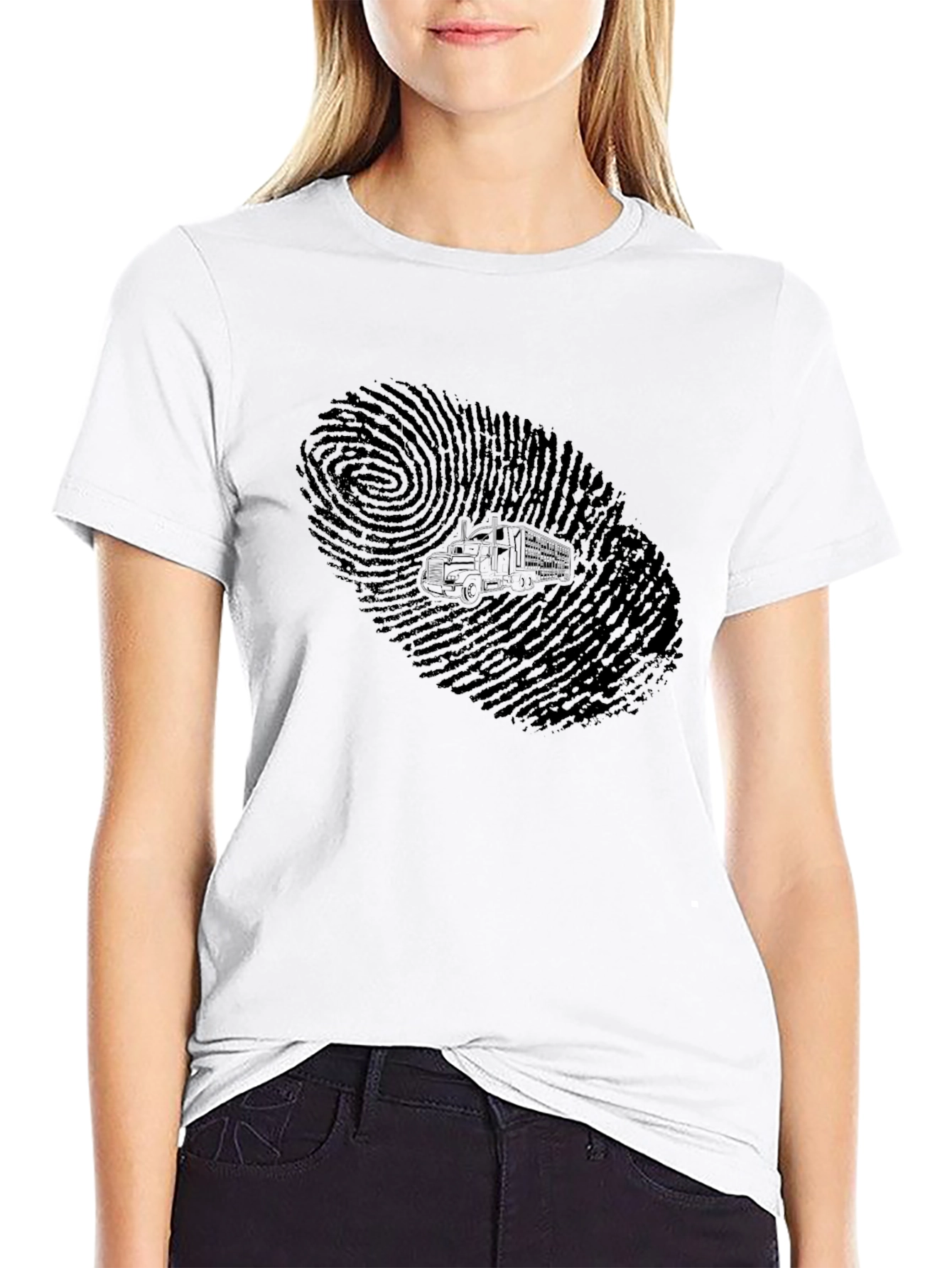 Black Trucker Fingerprint Graphic Tee - Black Cotton T-Shirt view 9