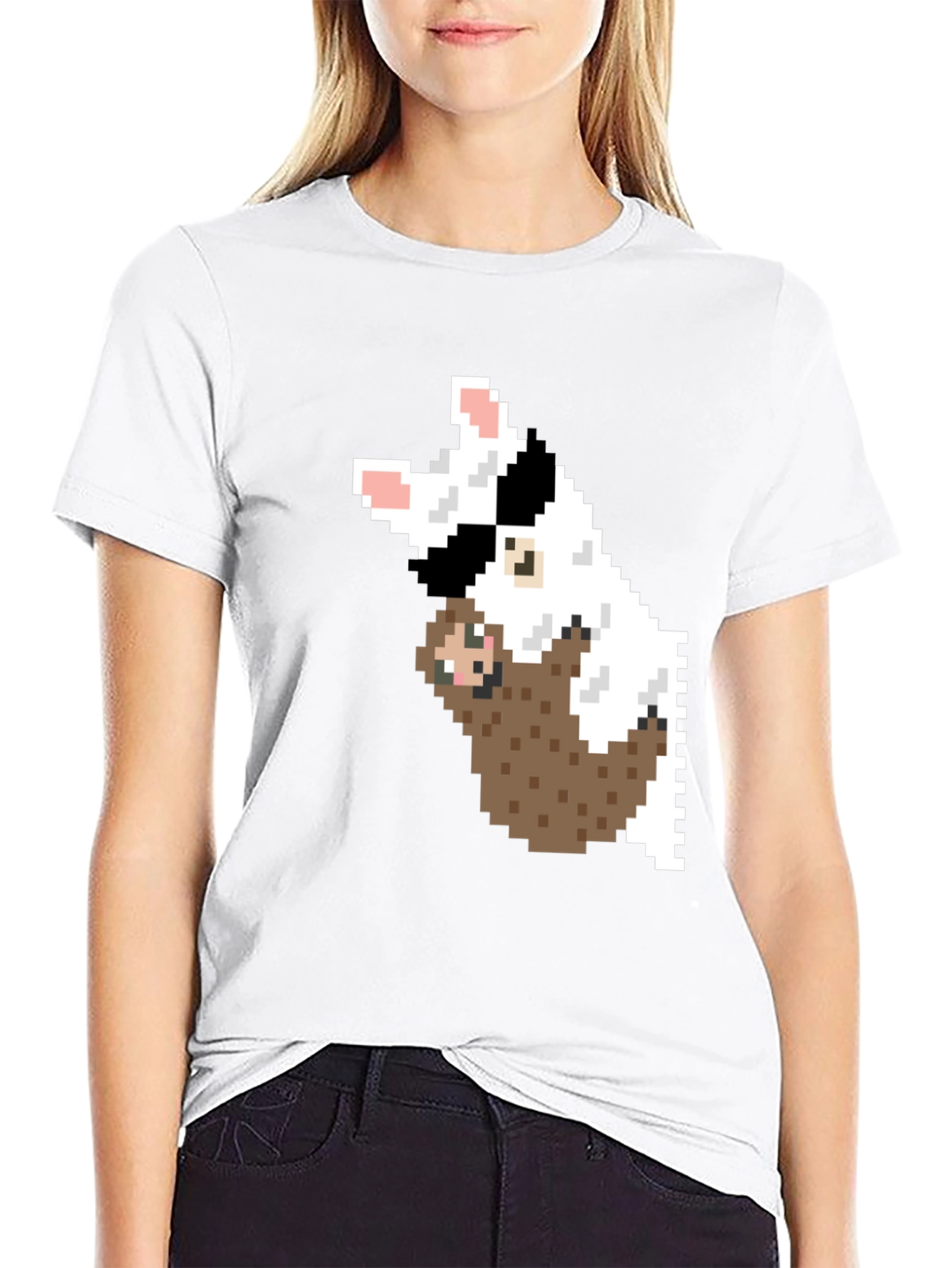 Black Pixel Art Sloth & Dog Graphic T-Shirt view 9