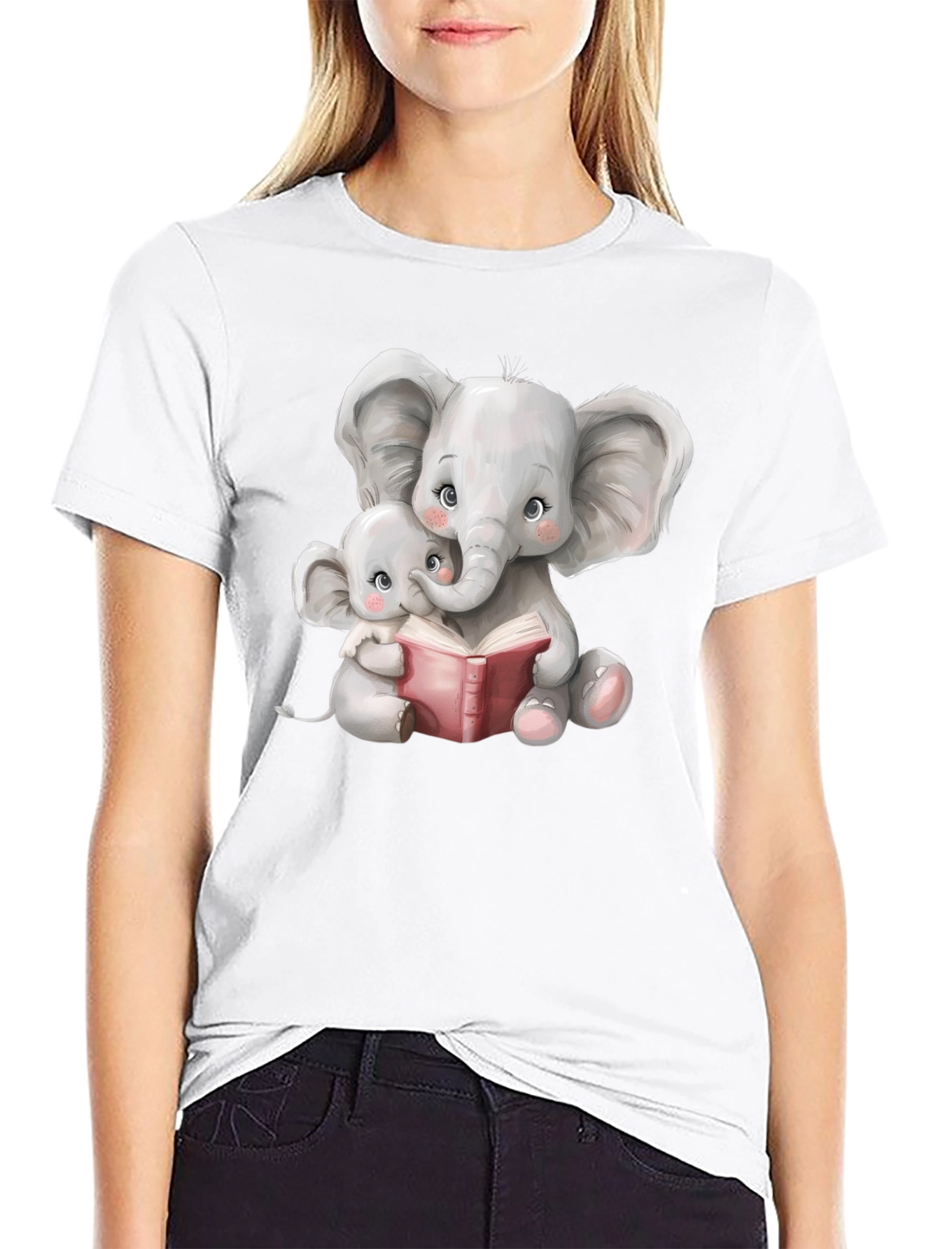 Black Elephant Mom and Baby Reading Black T-Shirt view 9