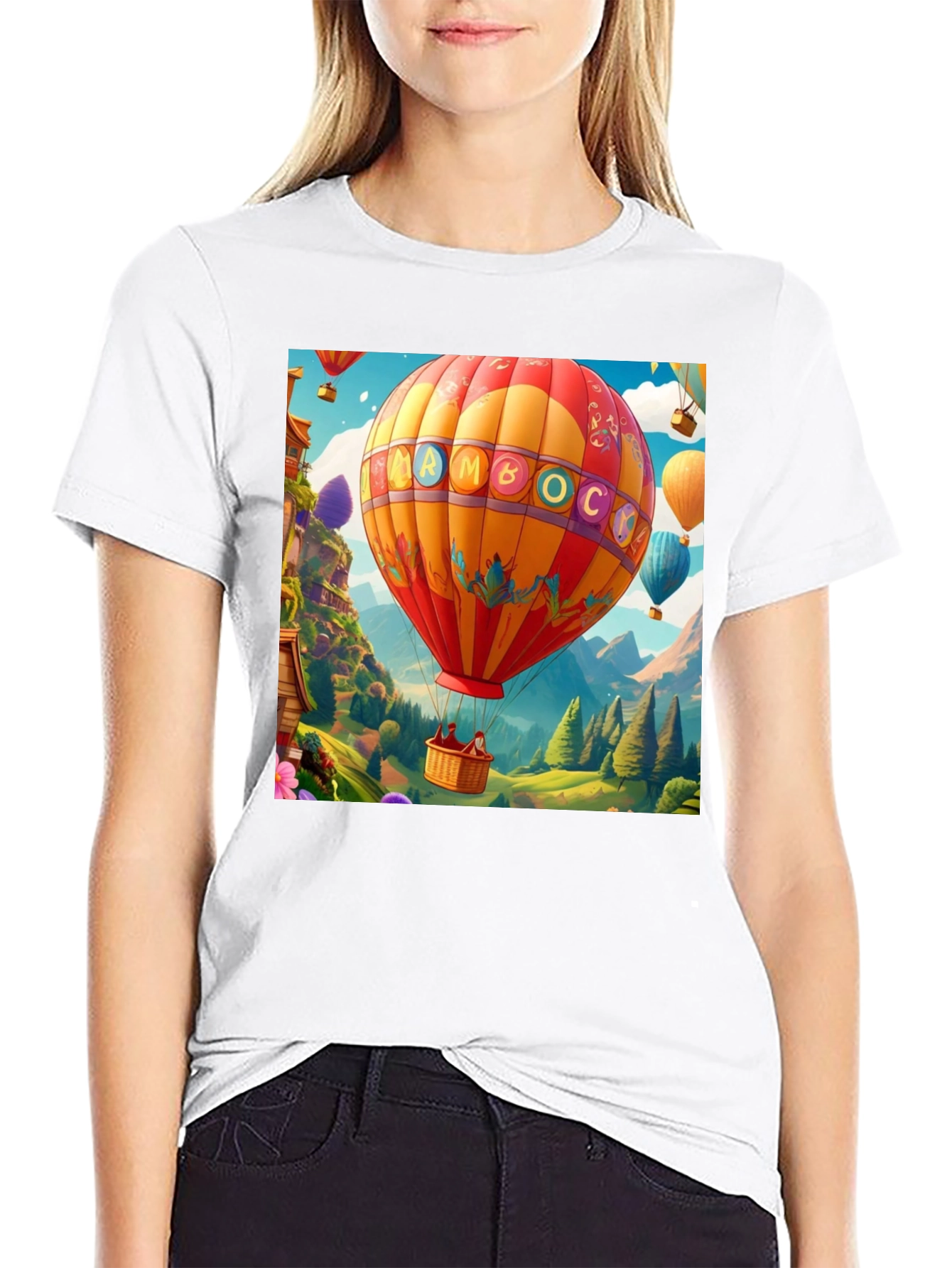 Black Cartoon Hot Air Balloon Graphic Tee view 9