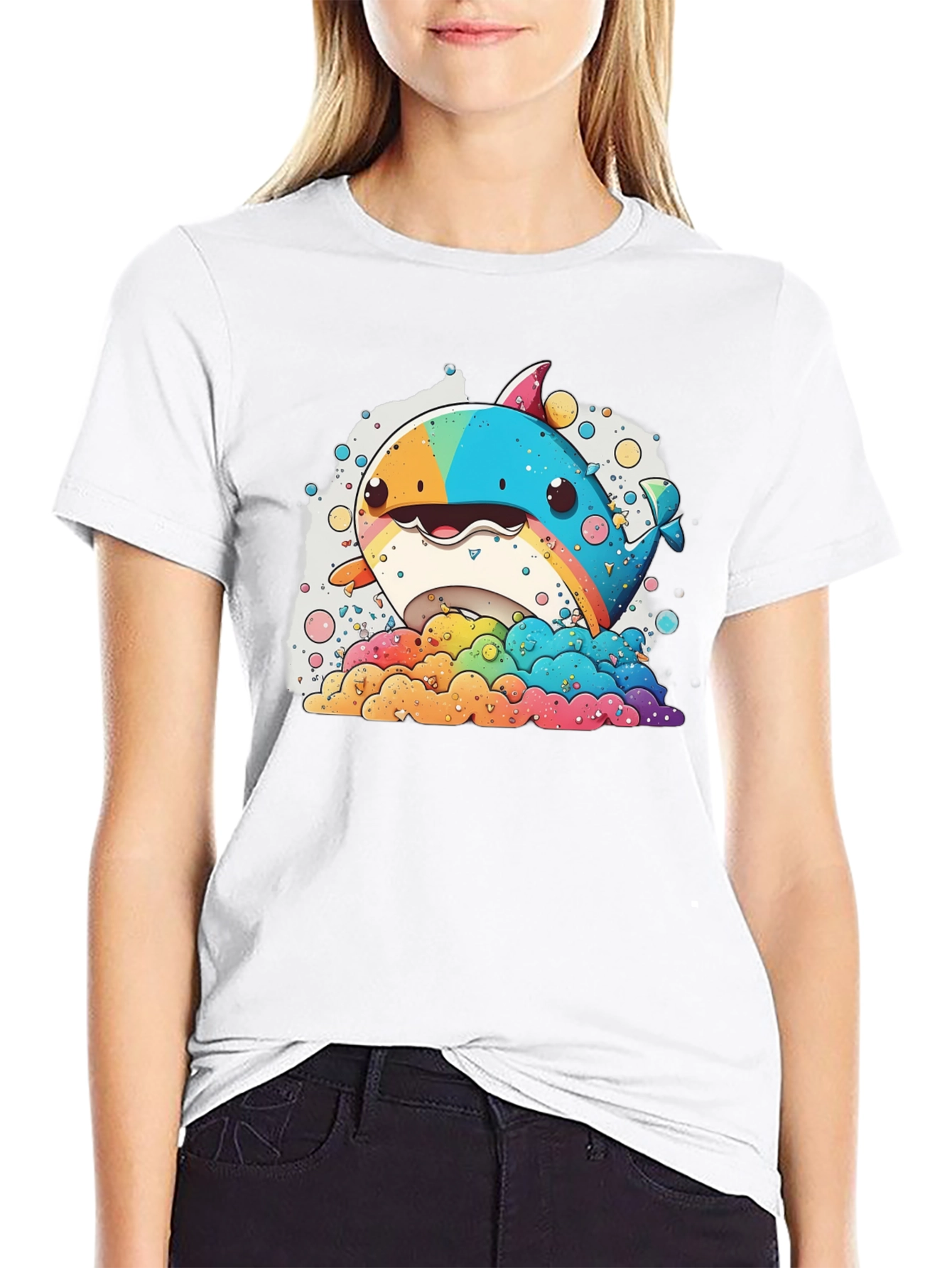 Black Rainbow Whale Graphic Tee - Fun & Colorful Design view 9