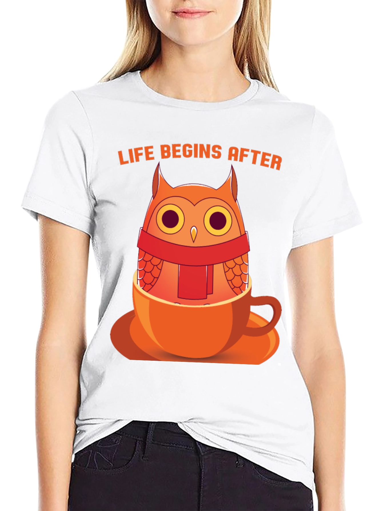 Black Owl in a Cup T-Shirt - "Life Begins After" Design view 9
