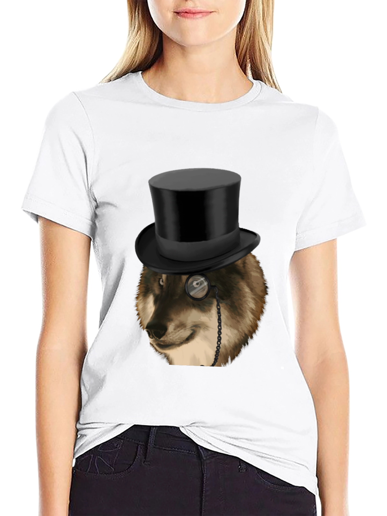 Black Wolf Top Hat Monocle Men's Black Graphic T-Shirt view 9