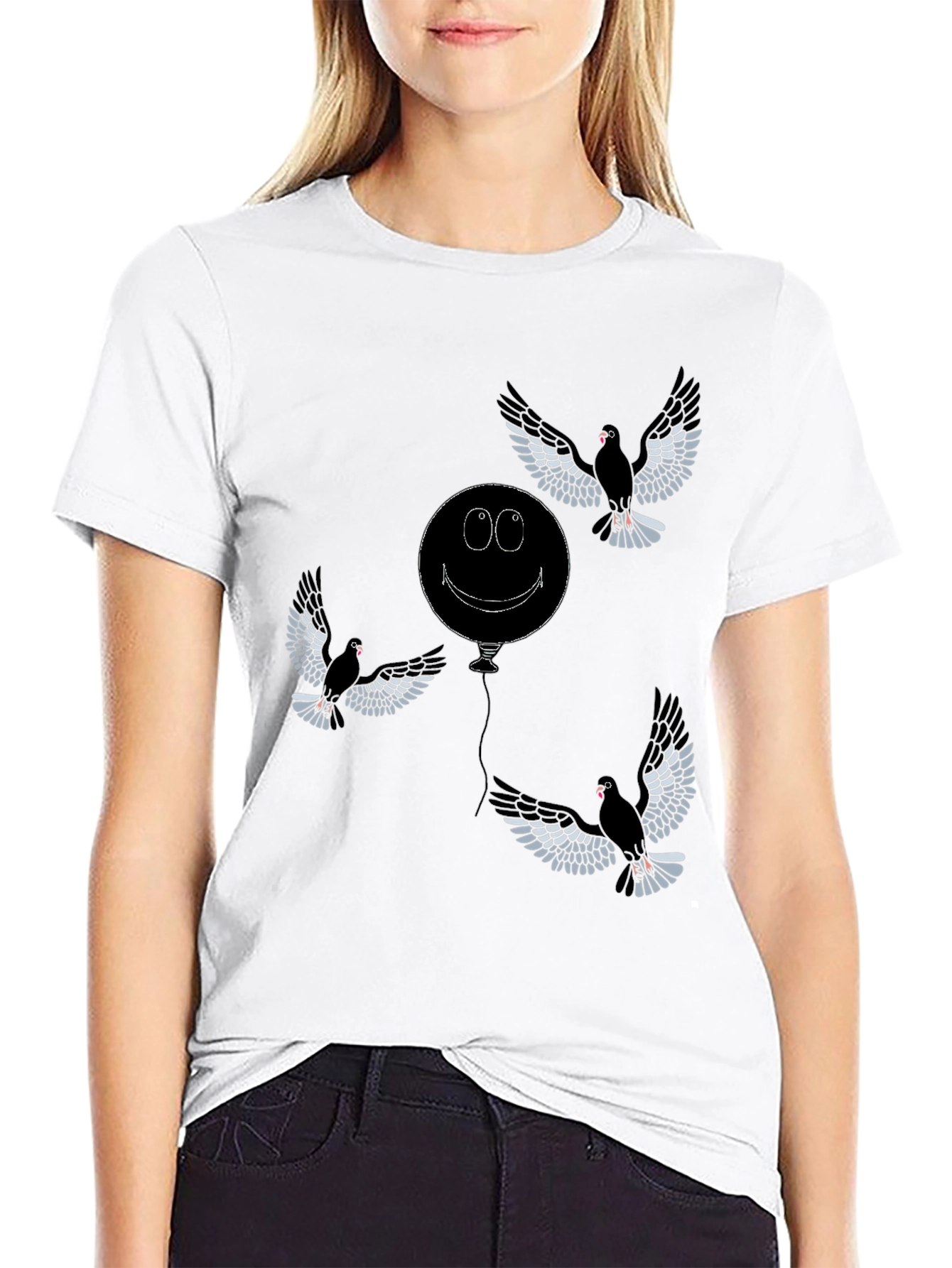 Black Whimsical Bird & Balloon Graphic T-Shirt - Black view 9