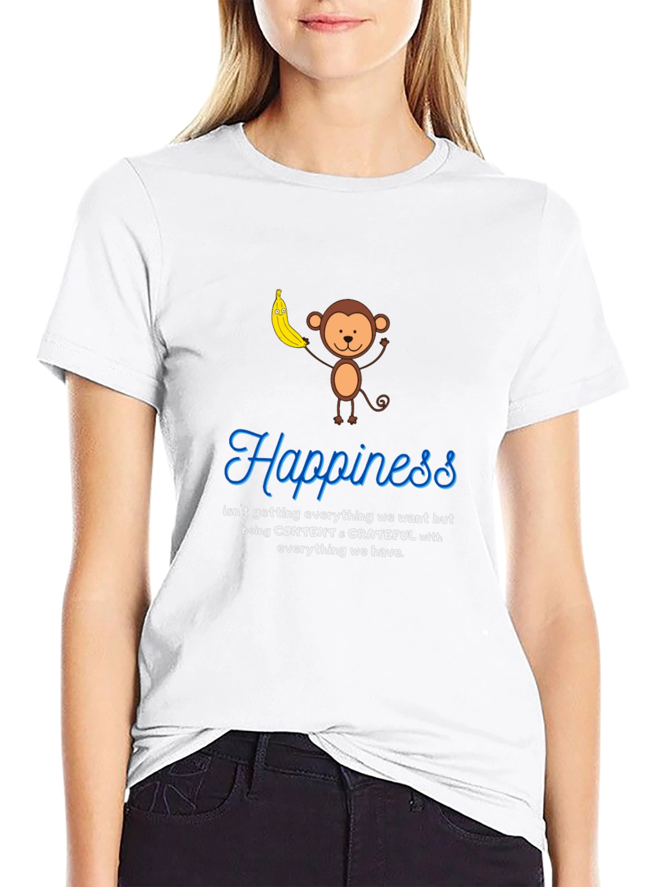 Black Happiness Monkey Graphic Tee: Content & Grateful T-Shirt view 9